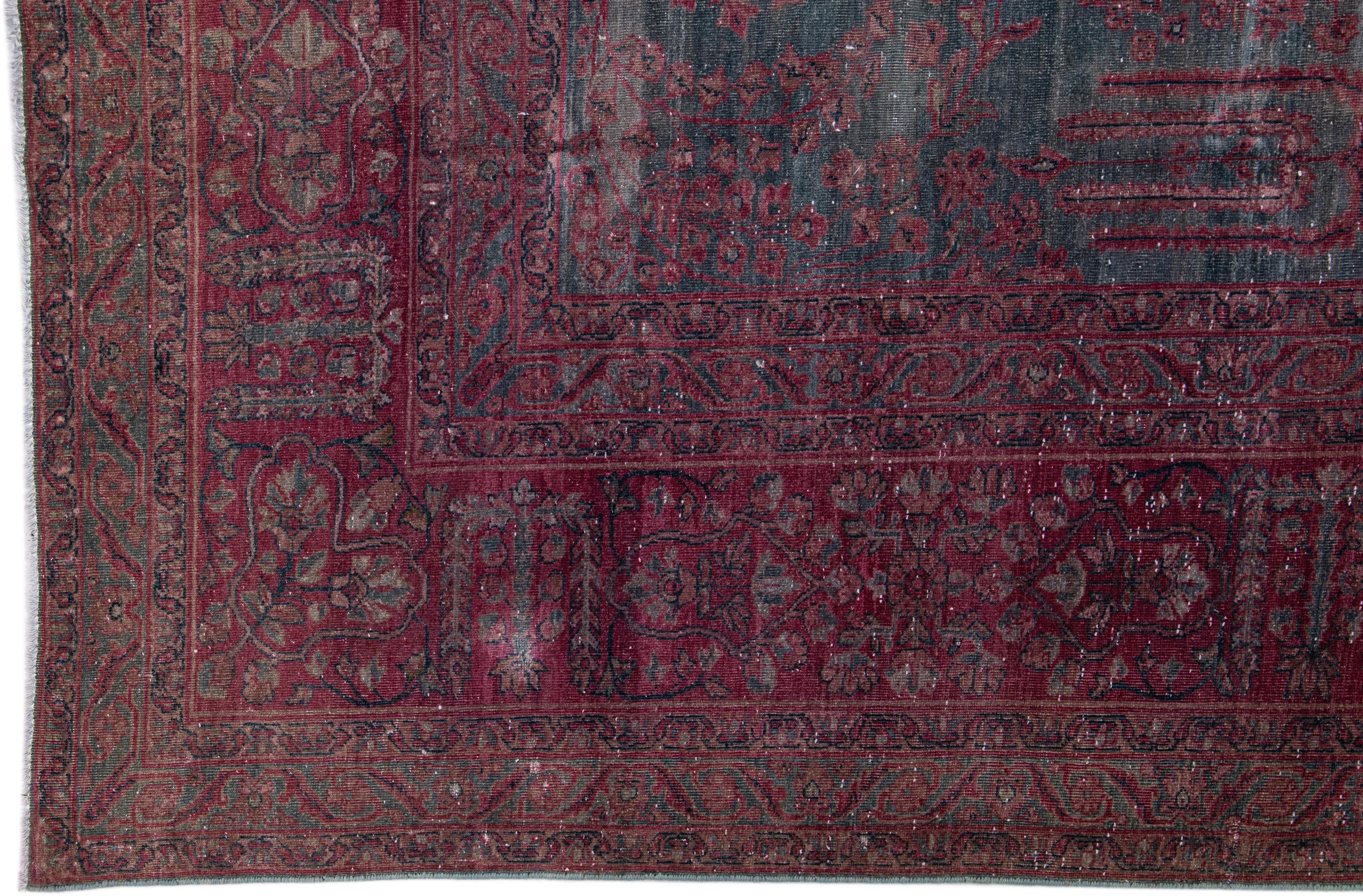 Gray & Red Handmade Antique Persian Tabriz Wool Rug with Floral Motif For Sale 1