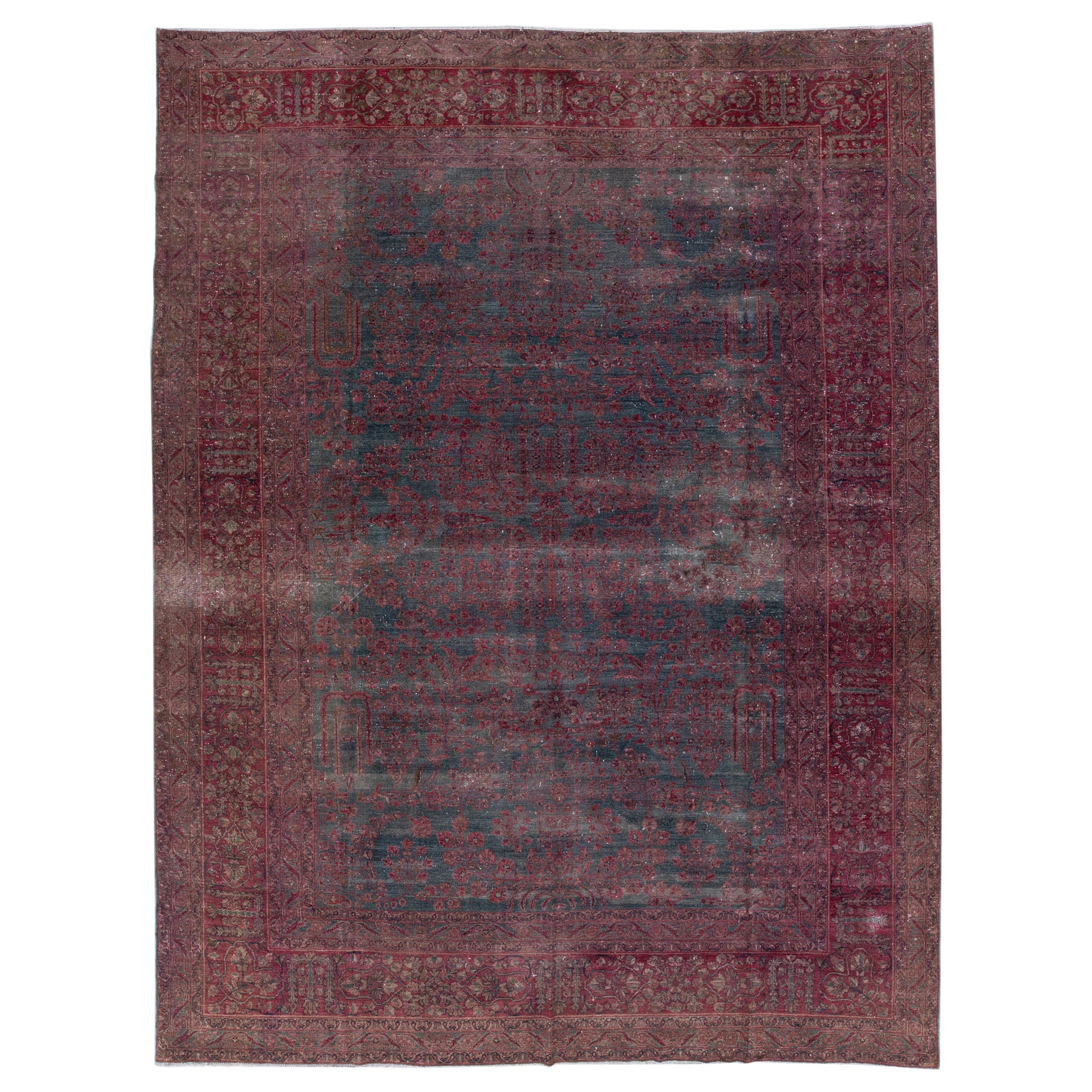 Gray & Red Handmade Antique Persian Tabriz Wool Rug with Floral Motif