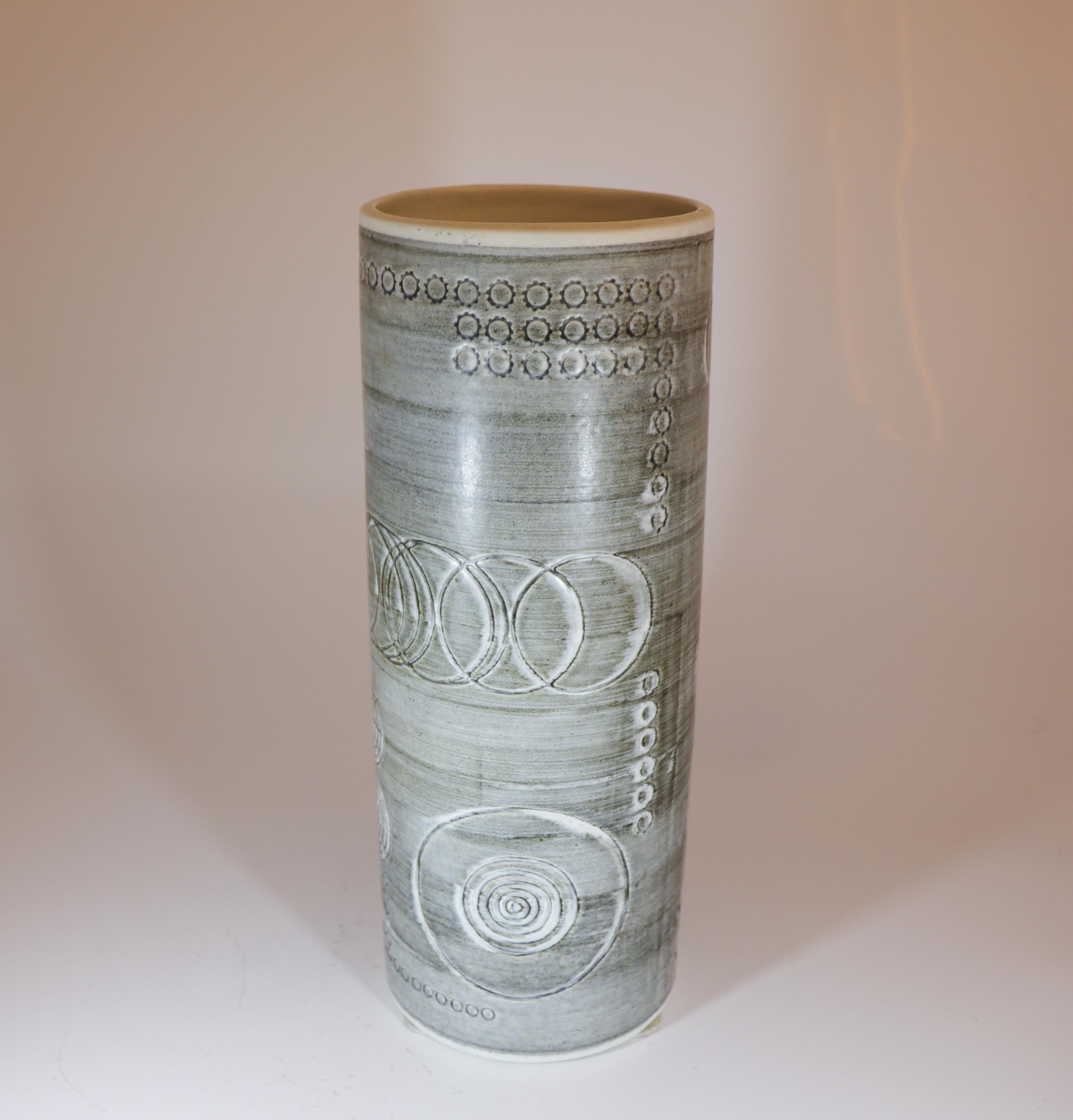 Late 20th Century Rörstrand Sarek Vase, Tall Cylindrical Form with Incised Geometric Design For Sale