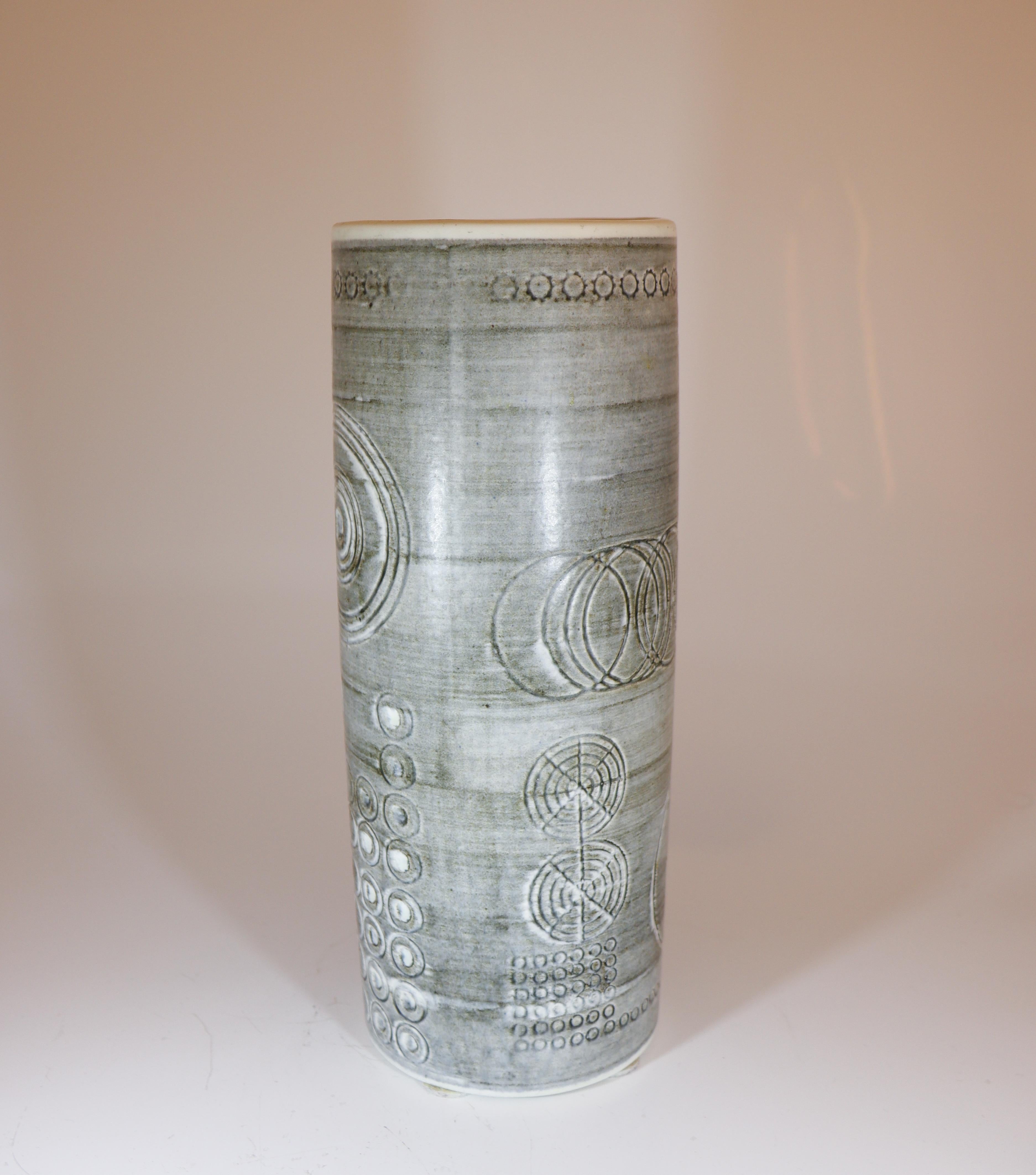 Stoneware Rörstrand Sarek Vase, Tall Cylindrical Form with Incised Geometric Design For Sale