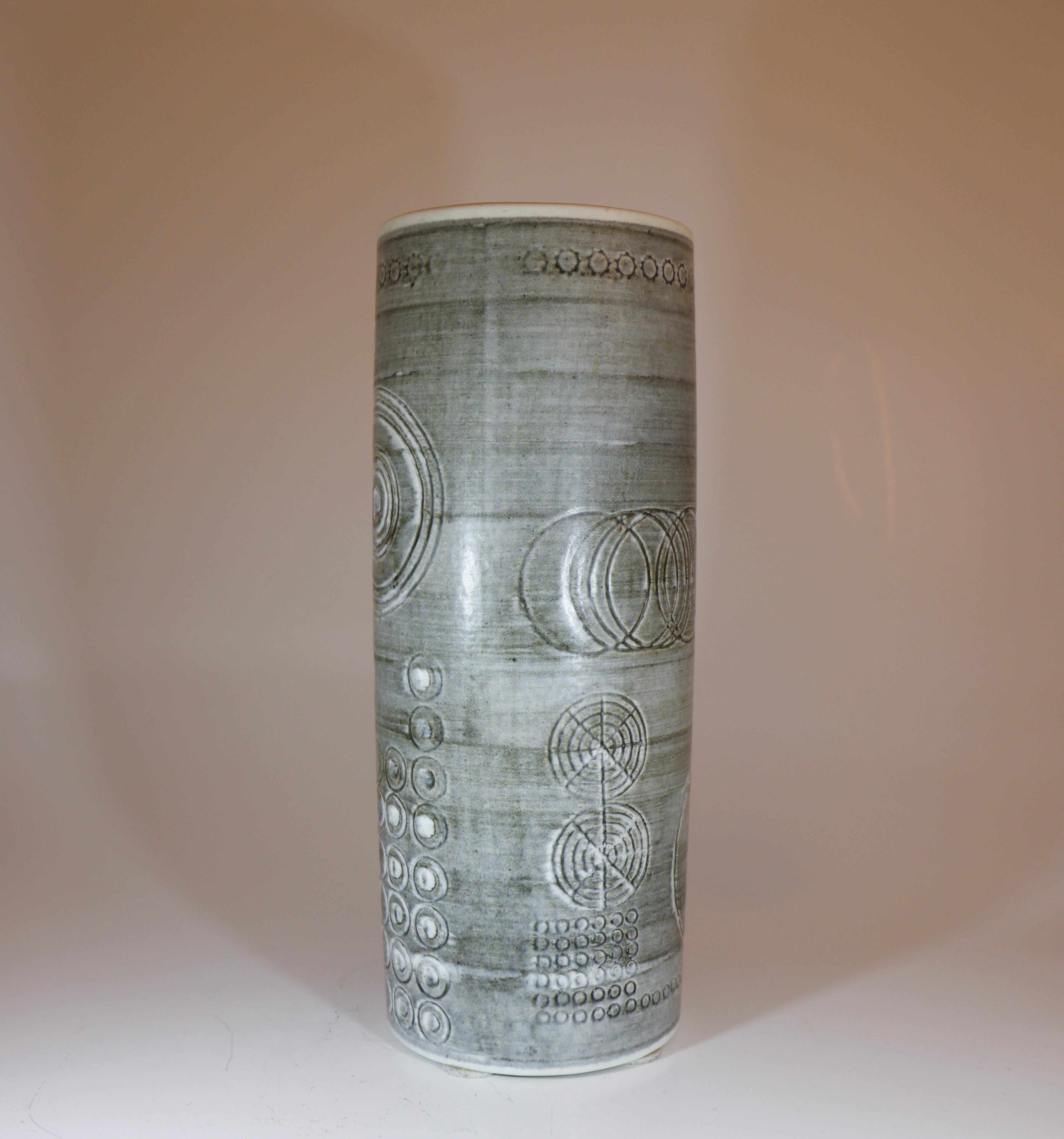 Rörstrand Sarek Vase, Tall Cylindrical Form with Incised Geometric Design For Sale 1