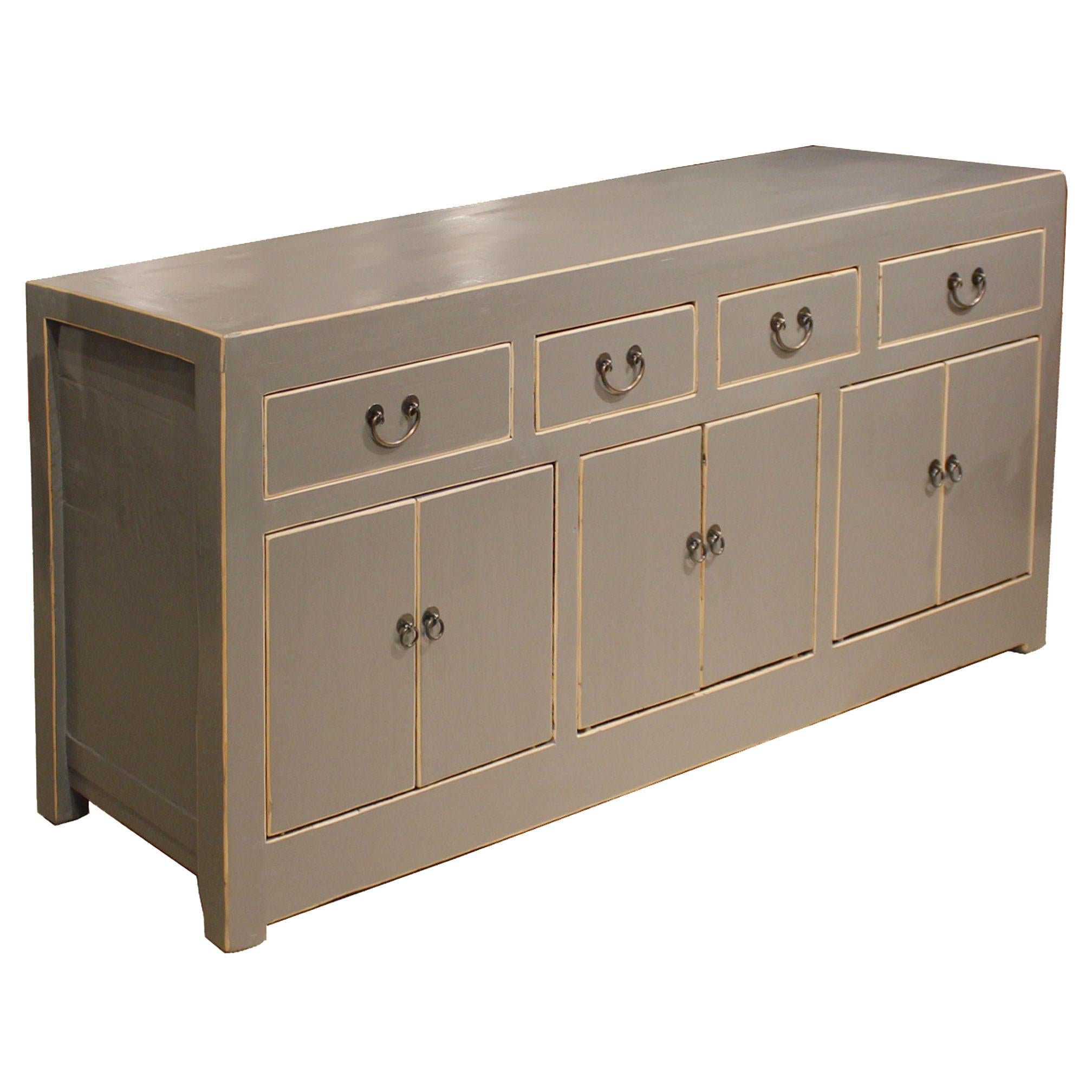 Contemporary solid wood gray lacquer sideboard with exposed wood edges. Can be used behind a sofa or in the dining room as a server.