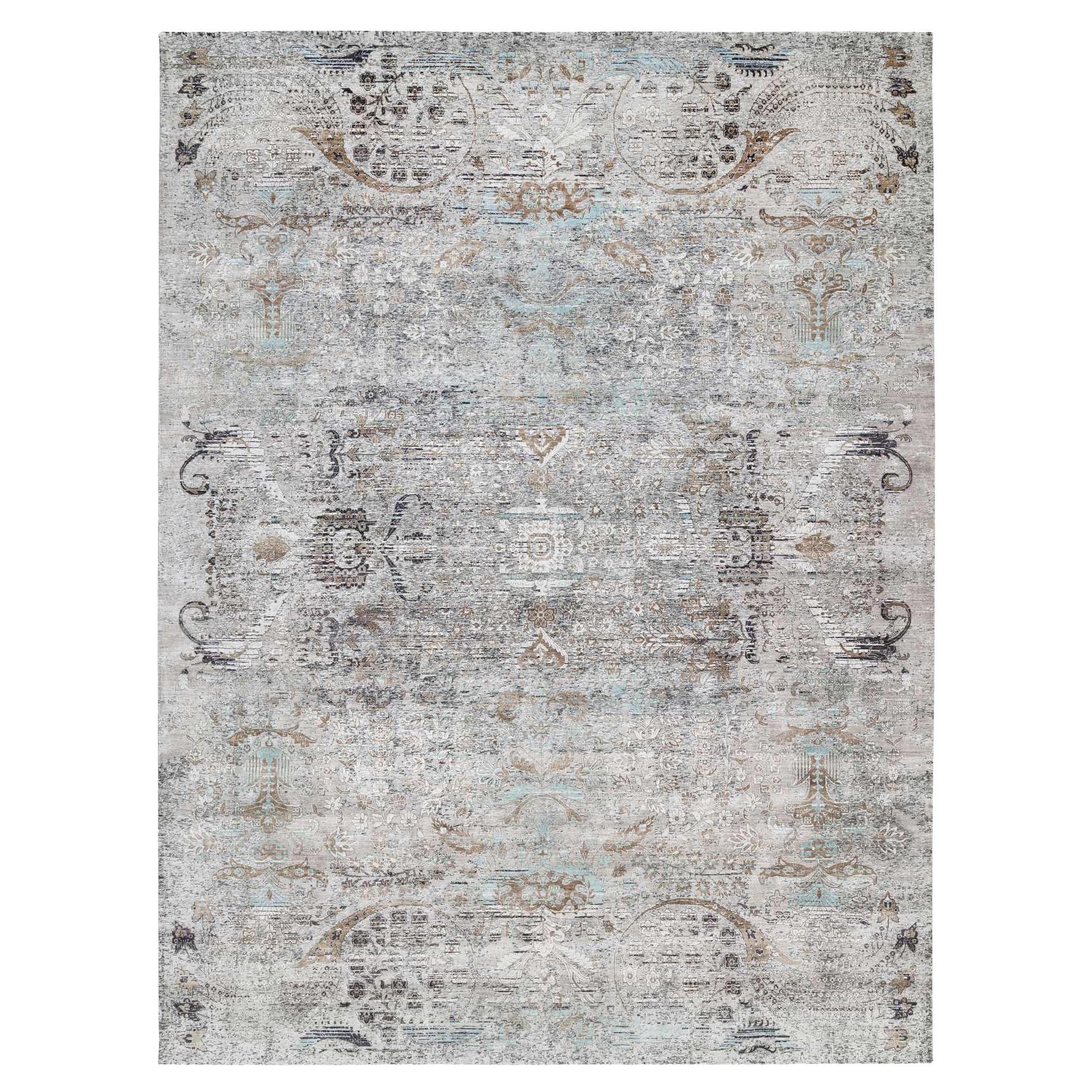 Handgeknüpfter, geraffter, persischer XL-Teppich aus grauer Seide mit strukturierter Wolle 13'9" x 18'1"