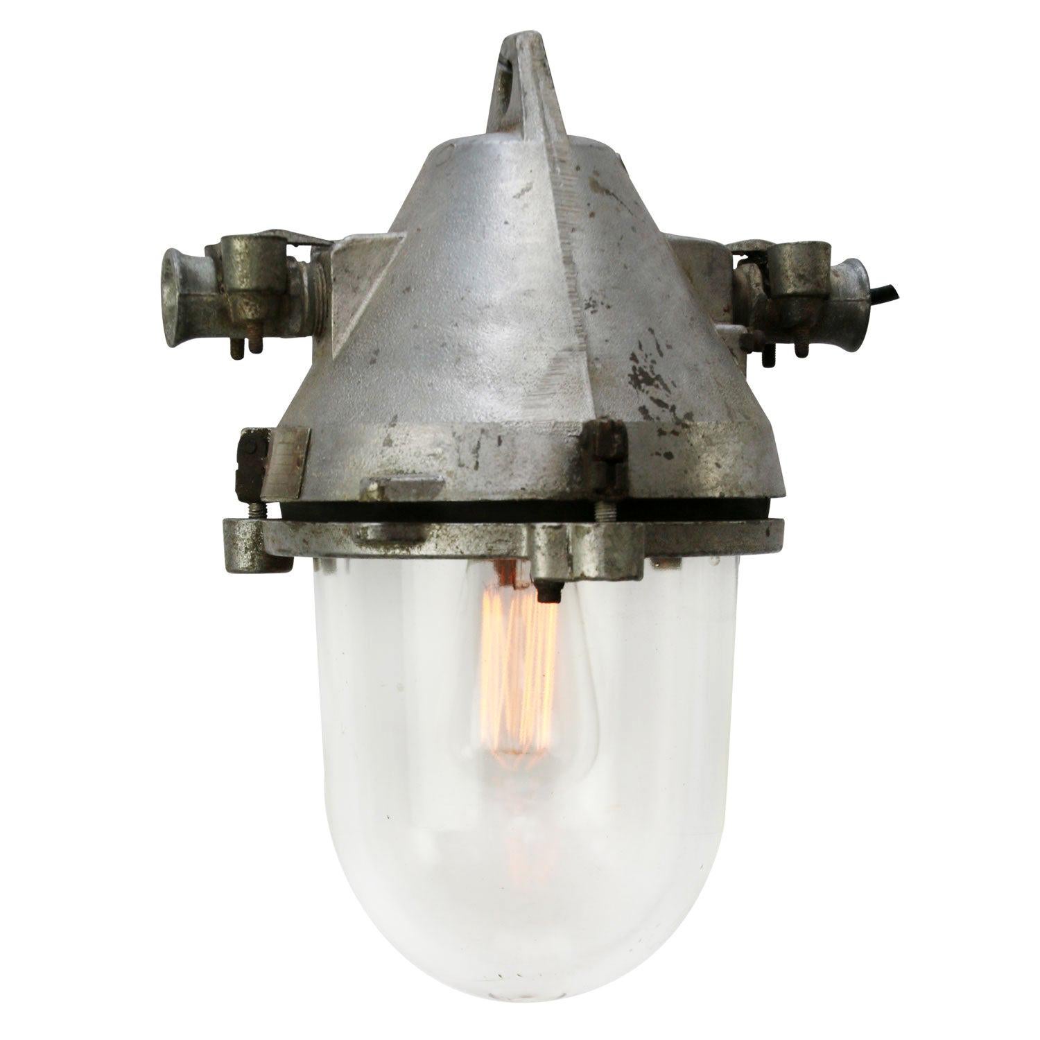 Gray Silver Cast Aluminum Vintage Industrial Clear Glass Hanging Pendant Lamp For Sale