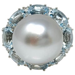 Gray South Sea Pearl, White Diamond and Blue Topaz Ring in 18 Karat Gold