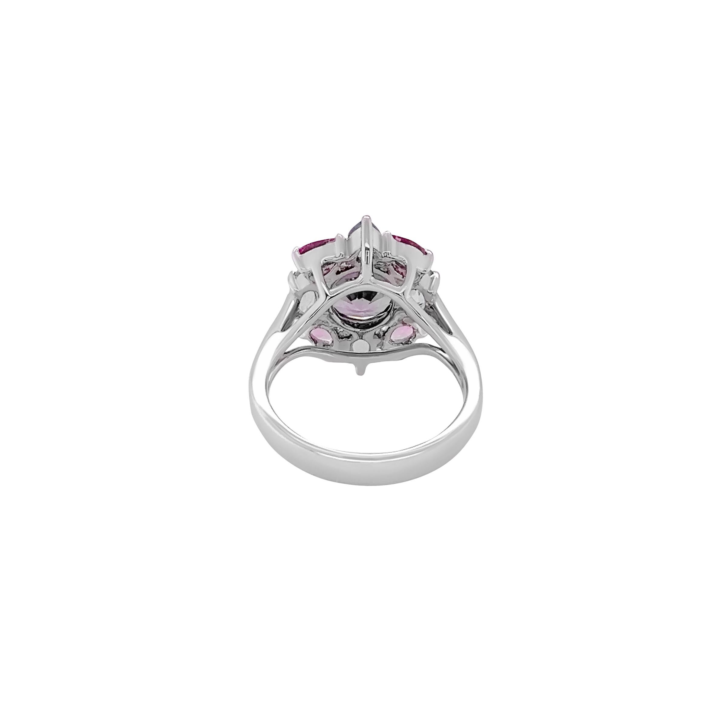 Art Deco Gray Spinel, Pink Tourmaline and Aquamarine Ballerina Ring in 18K White Gold For Sale