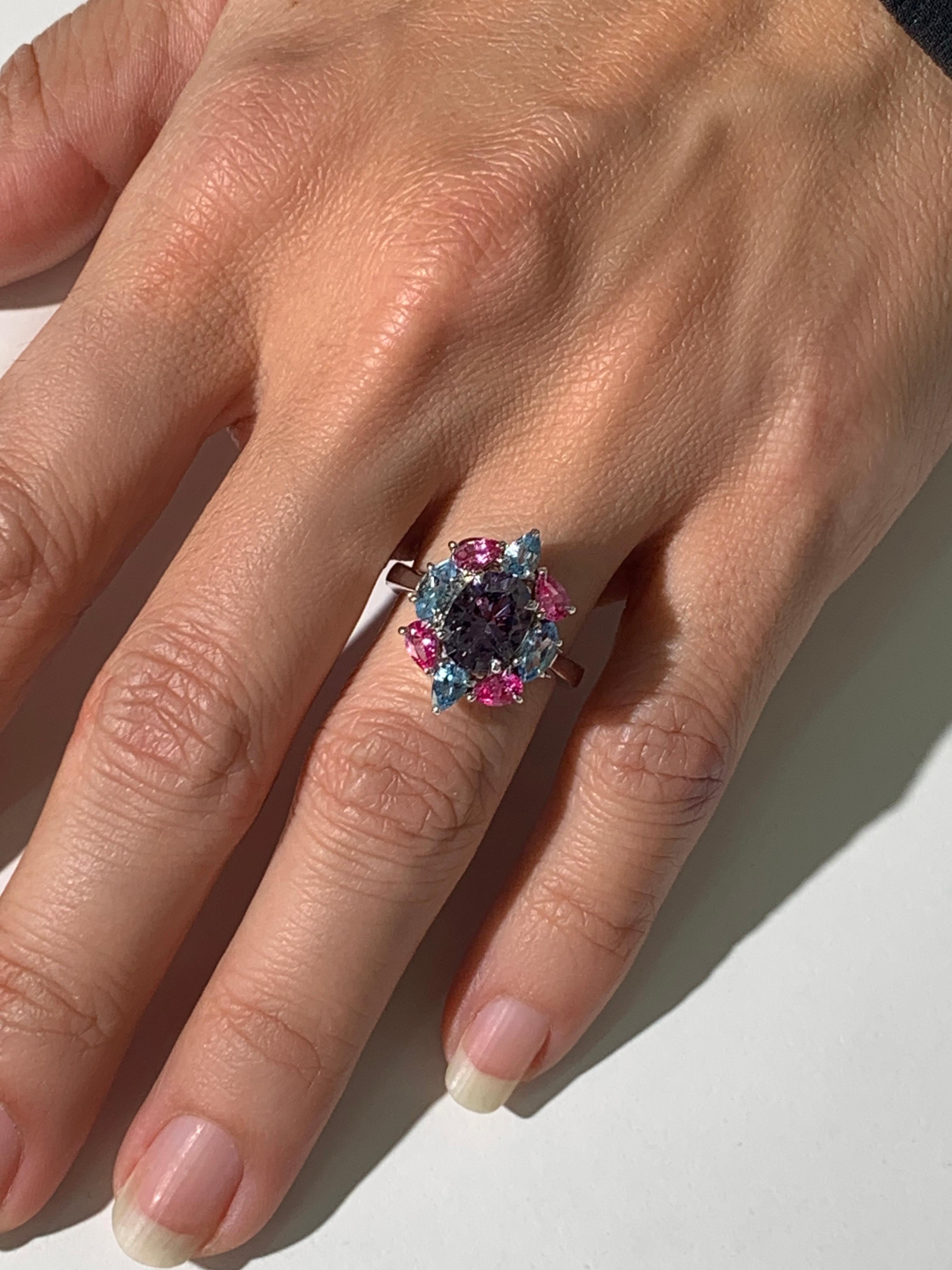 Oval Cut Gray Spinel, Pink Tourmaline and Aquamarine Ballerina Ring in 18K White Gold For Sale