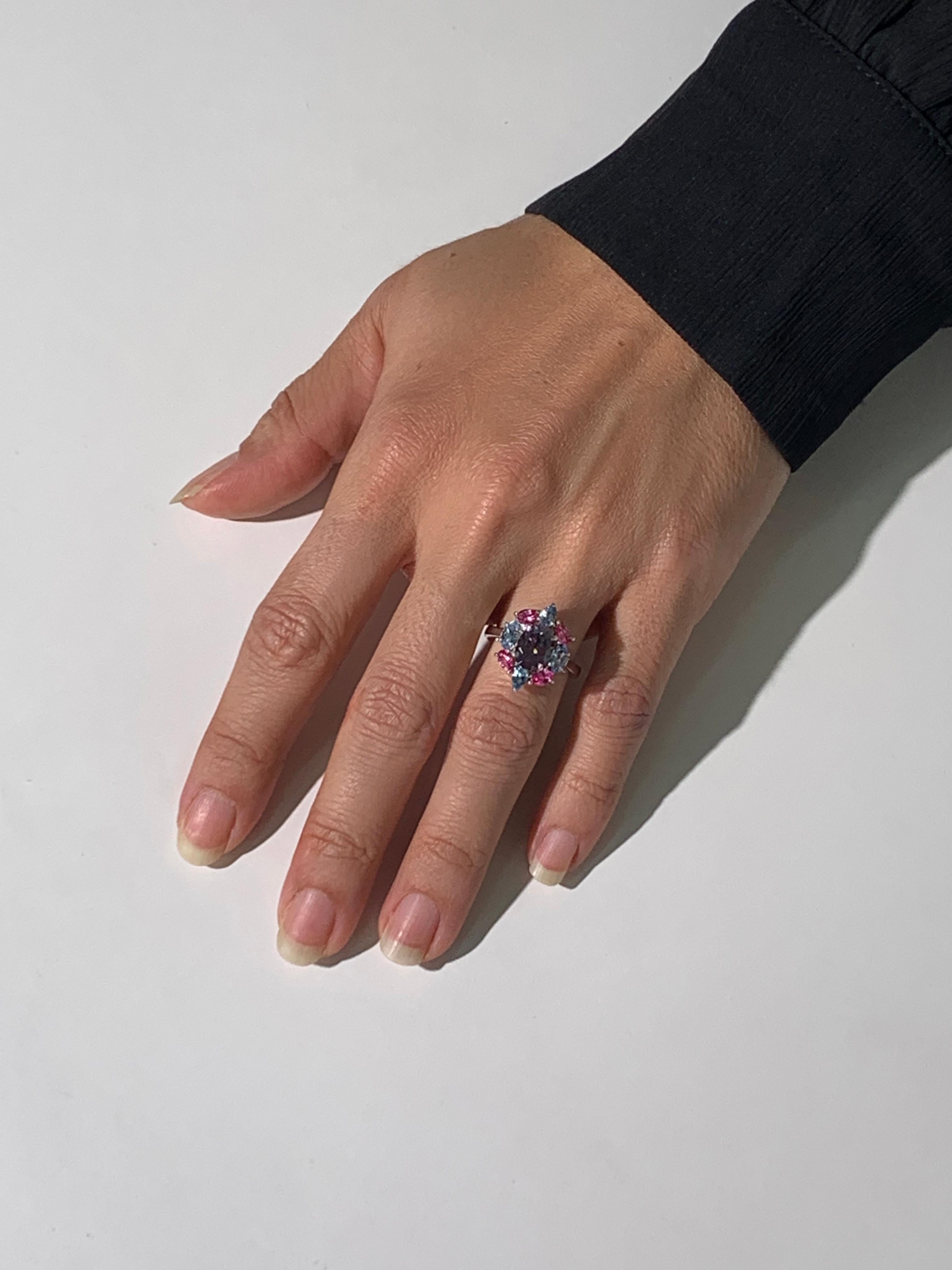 Women's Gray Spinel, Pink Tourmaline and Aquamarine Ballerina Ring in 18K White Gold For Sale