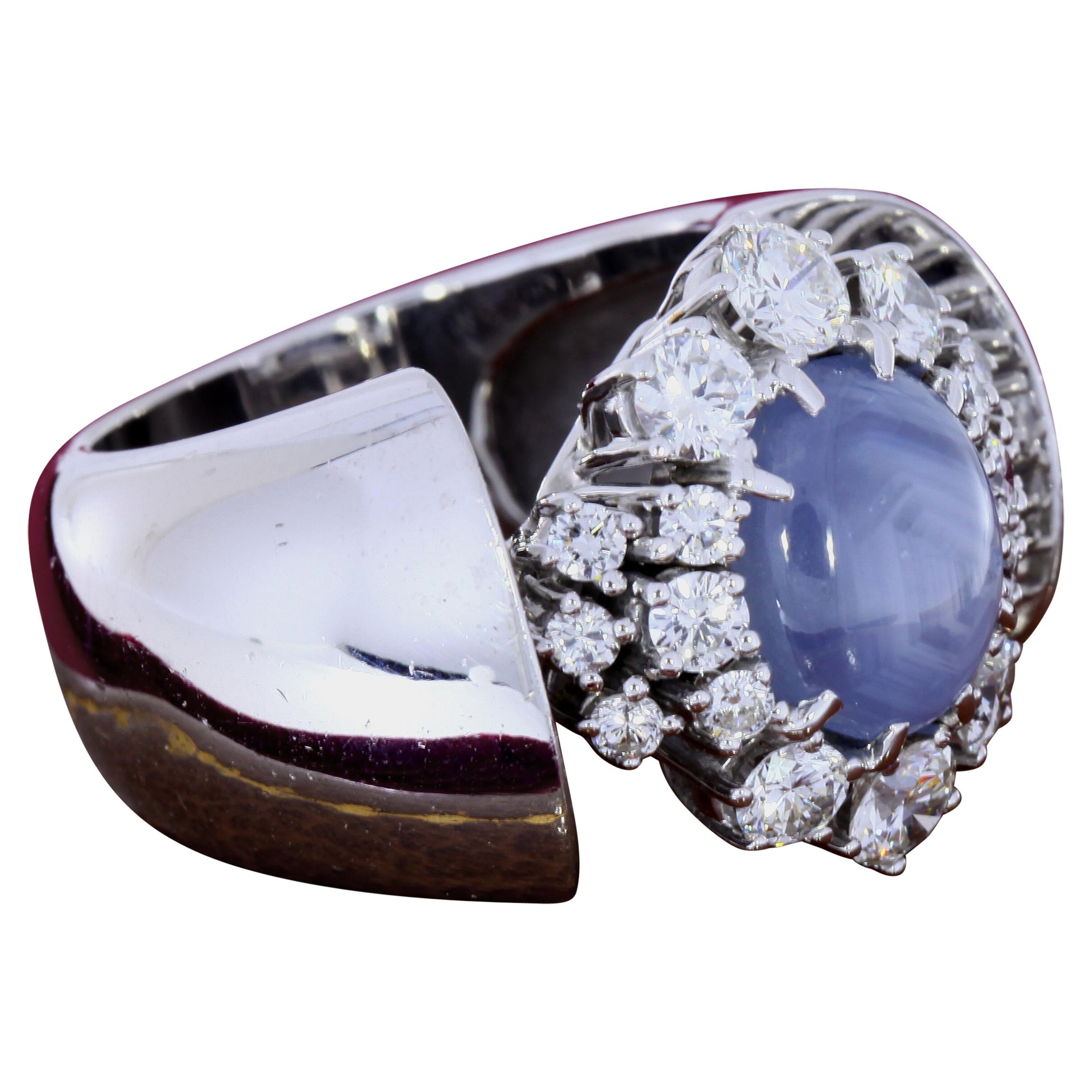 Gray Star Sapphire and Diamond Cluster Platinum Ring For Sale