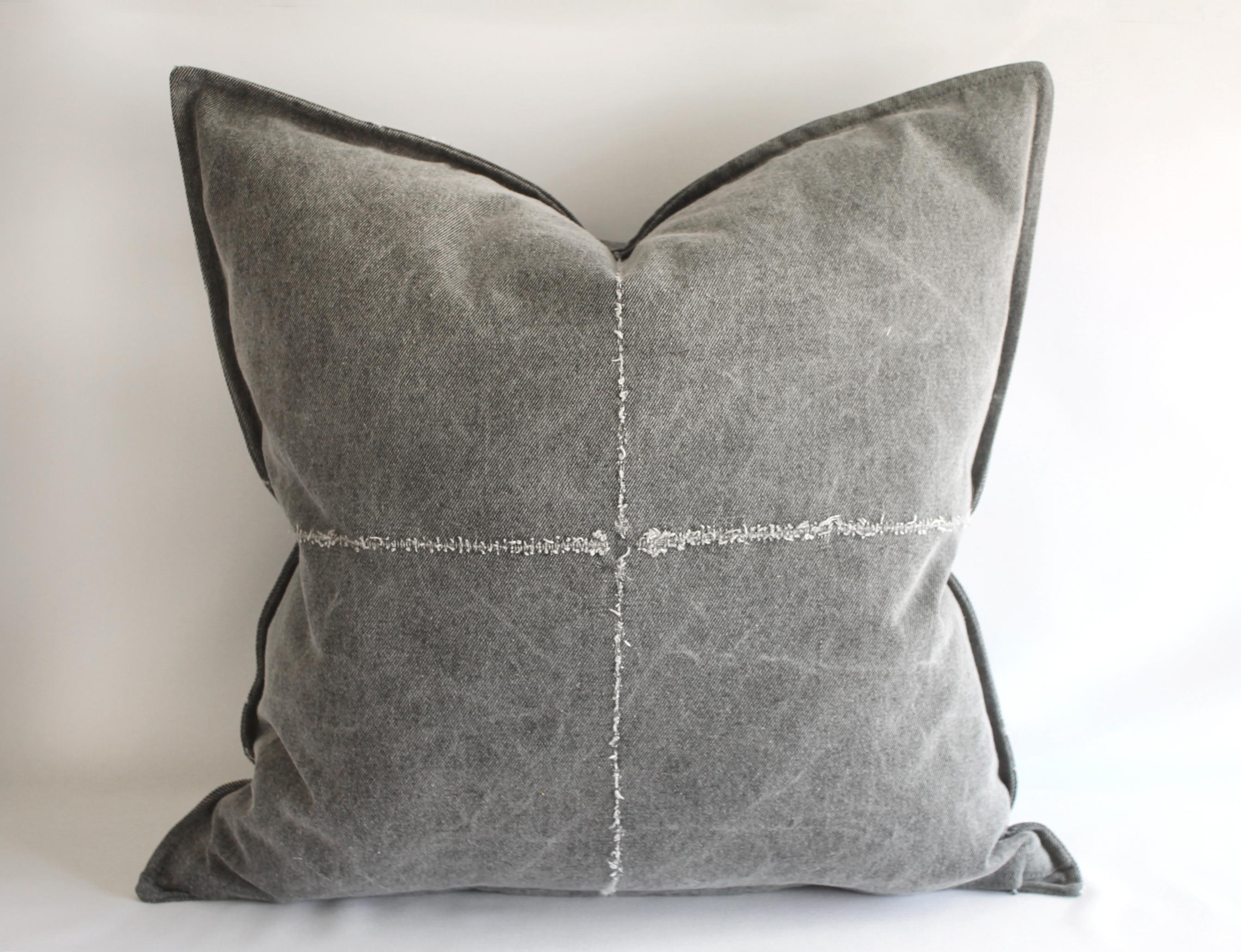 Contemporary Gray Stone Washed Linen Pillows with Diamond Frayed Details For Sale