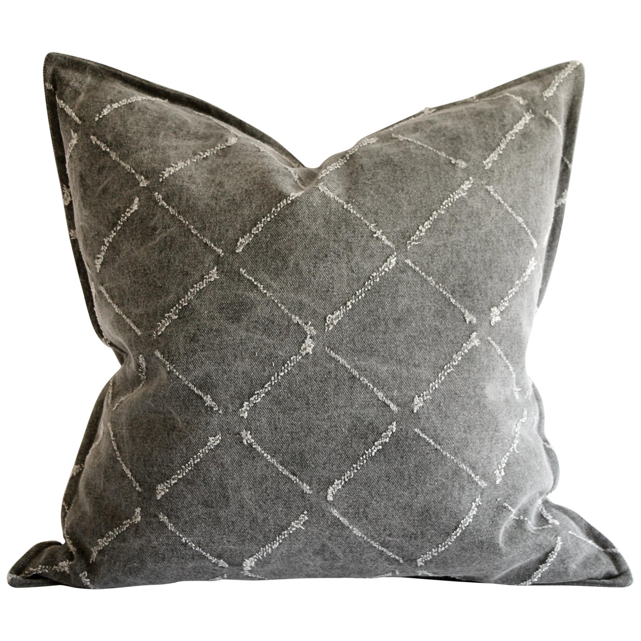 Gray Stone Washed Linen Pillows with Diamond Frayed Details For Sale