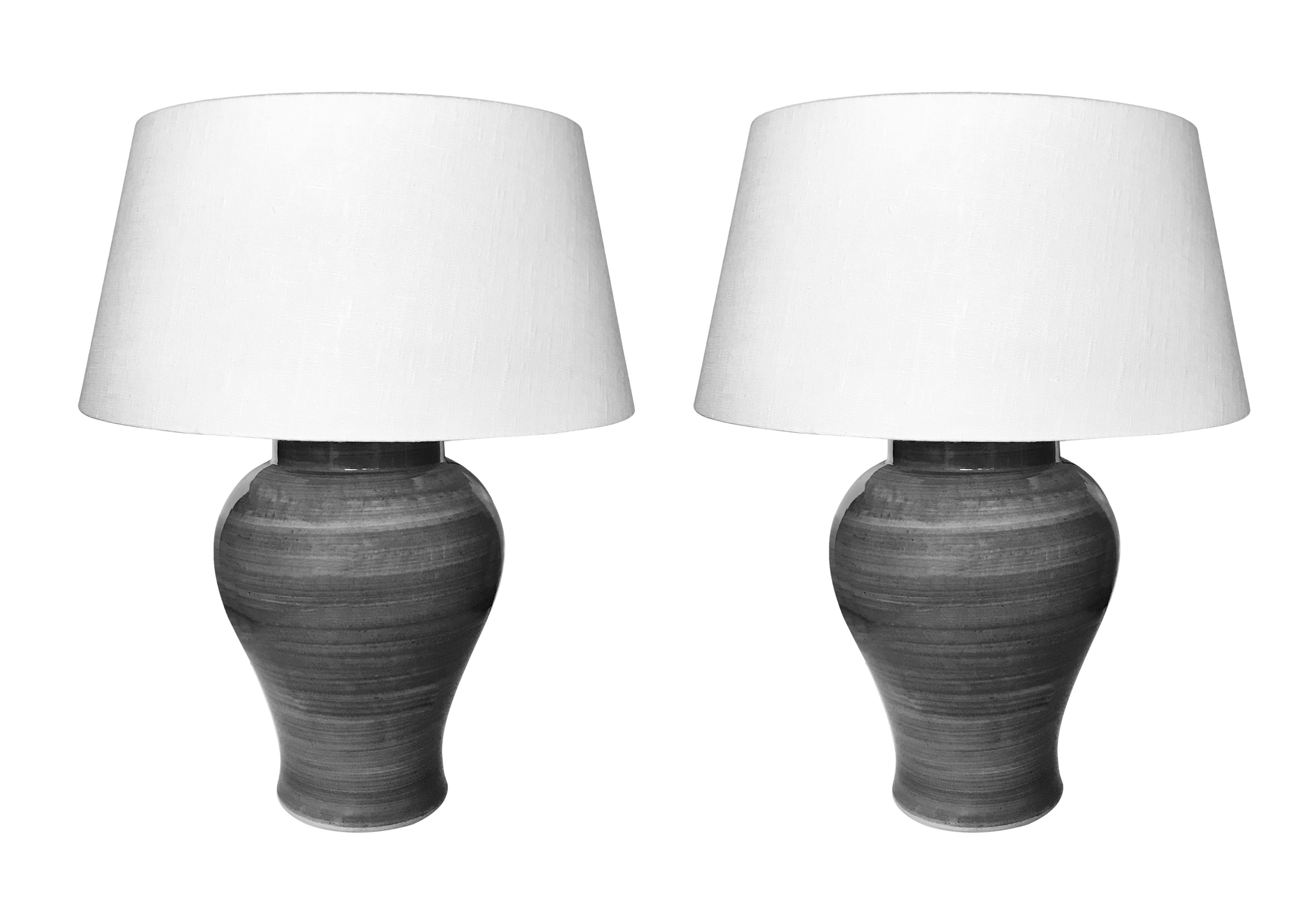 Gray Striated Design Classic Shape Pair of Lamps, China, Contemporary In New Condition In New York, NY