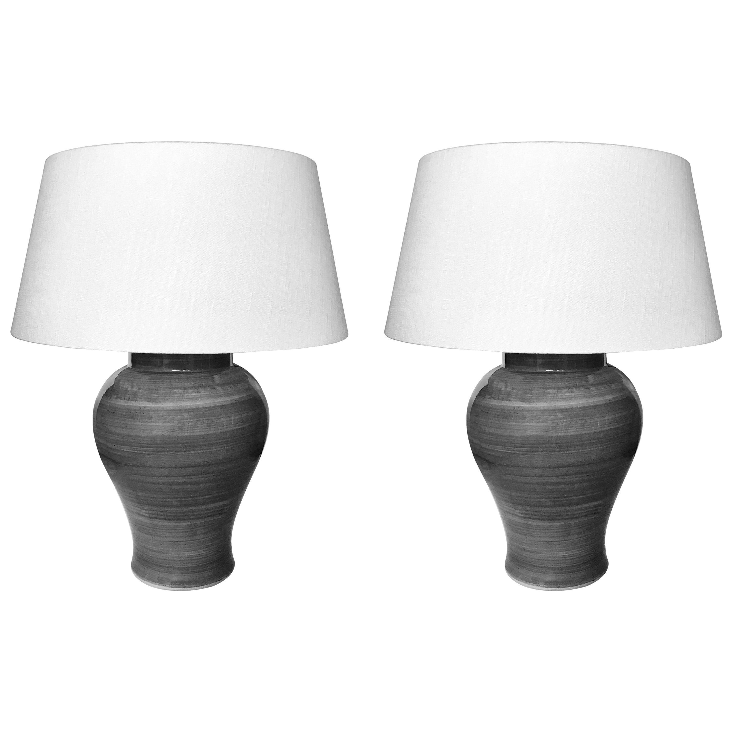 Gray Striated Design Classic Shape Pair of Lamps, China, Contemporary