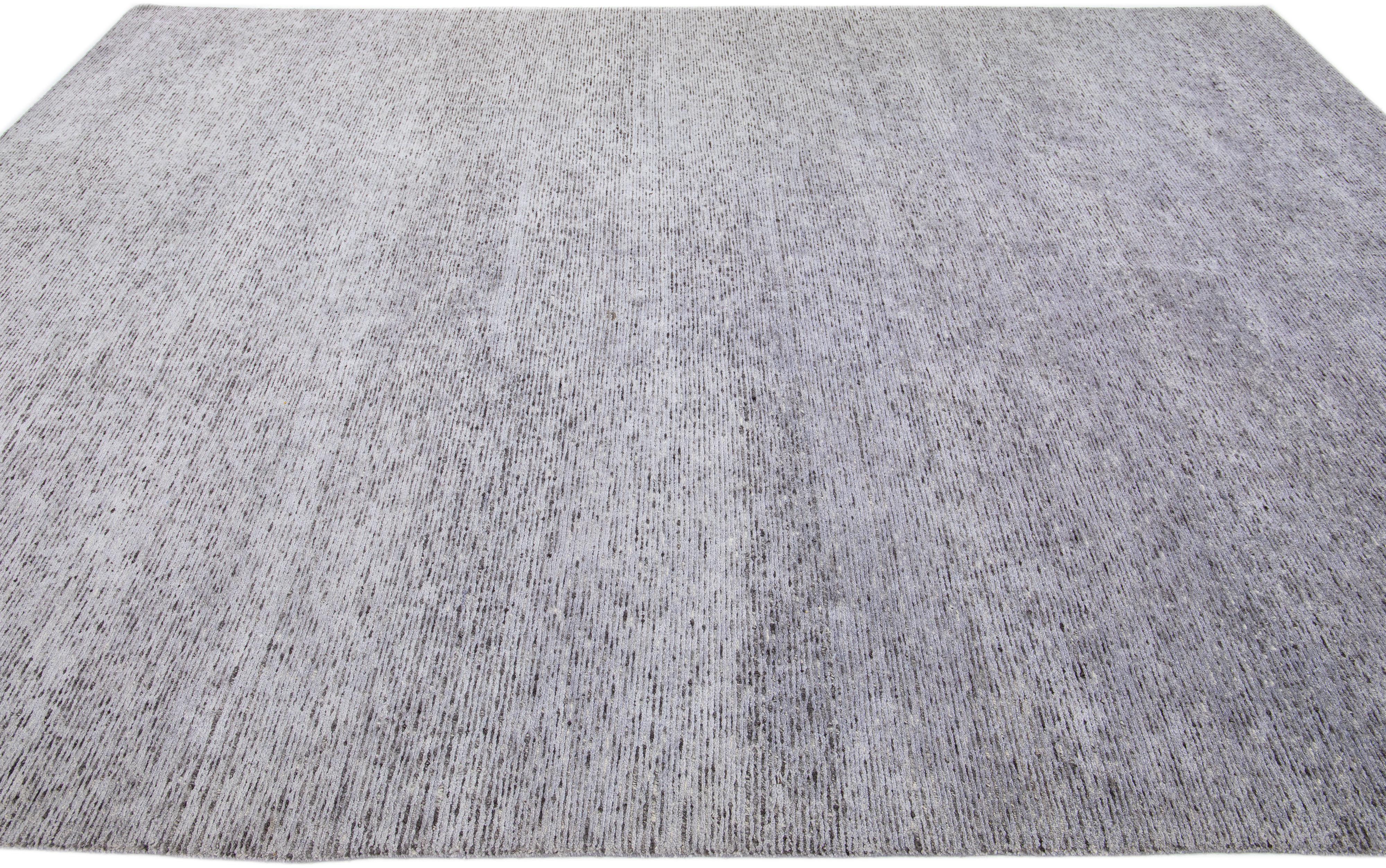 Hand-Knotted Grey Striped Modern Handmade Wool & Silk Rug For Sale