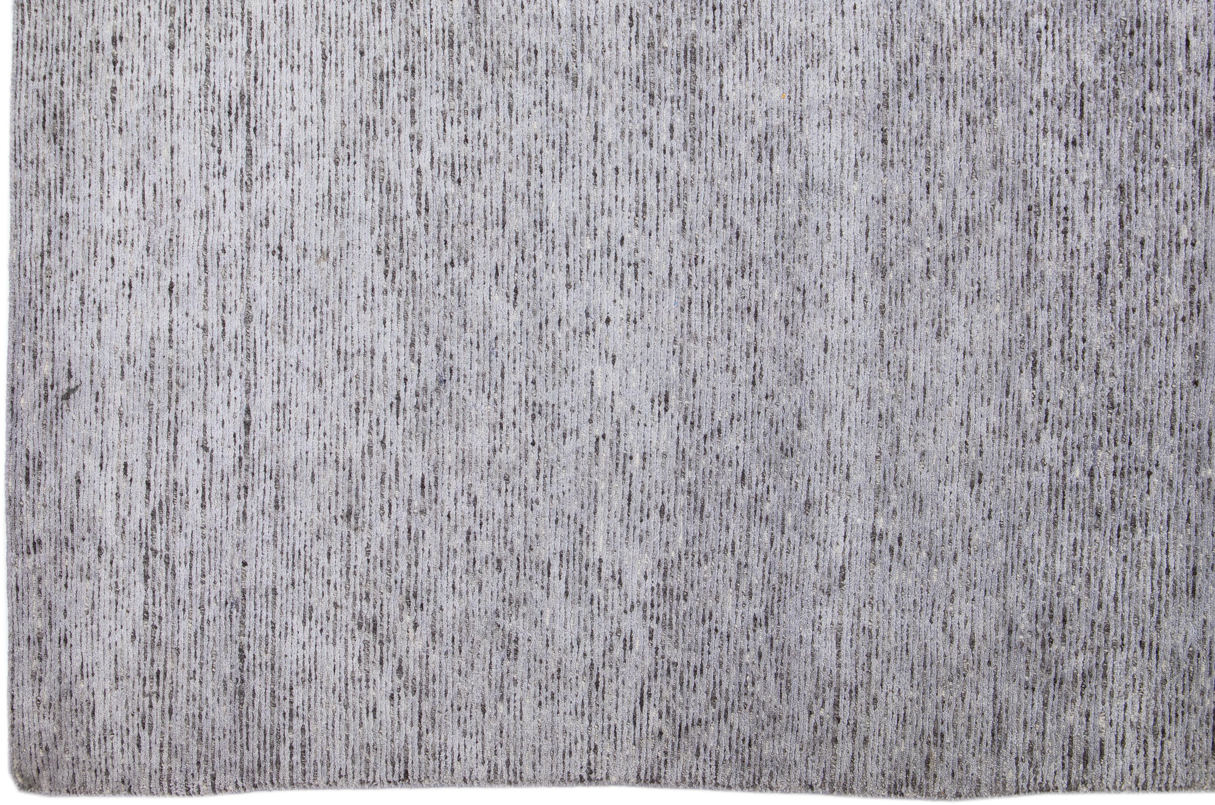 Grey Striped Modern Handmade Wool & Silk Rug In New Condition For Sale In Norwalk, CT