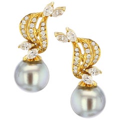 Graue graue Tahiti-Zuchtperlen-Diamant-Tropfen-Ohrringe, abnehmbar, 14K Gelbgold
