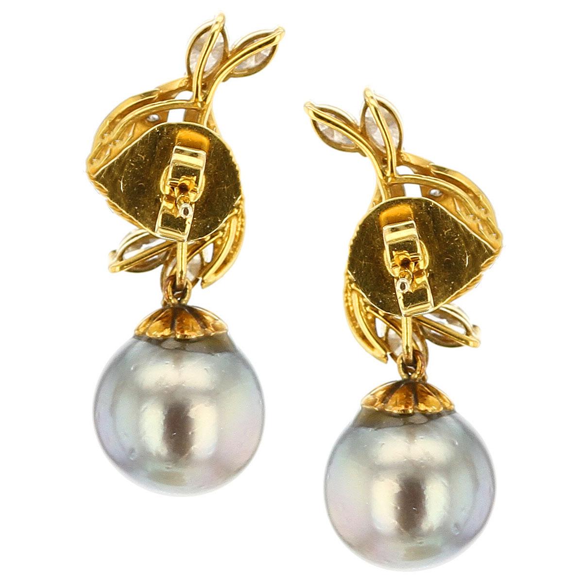 Ball Cut Gray Tahitian Cultured Pearl Diamond Drop Earrings, Detachable, 14K Yellow Gold