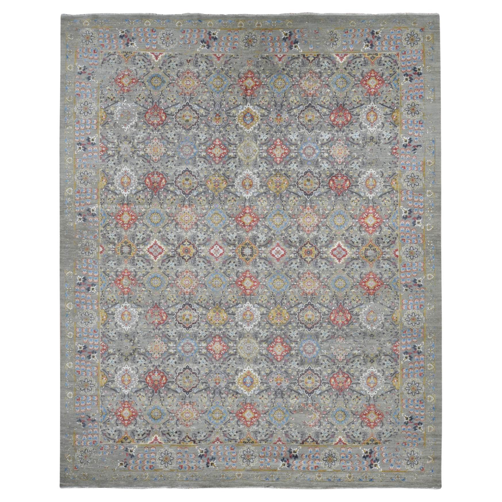 Gray THE SUNSET ROSETTES Wool and Pure Silk Hand Knotted Rug 12'0" x 15'1"