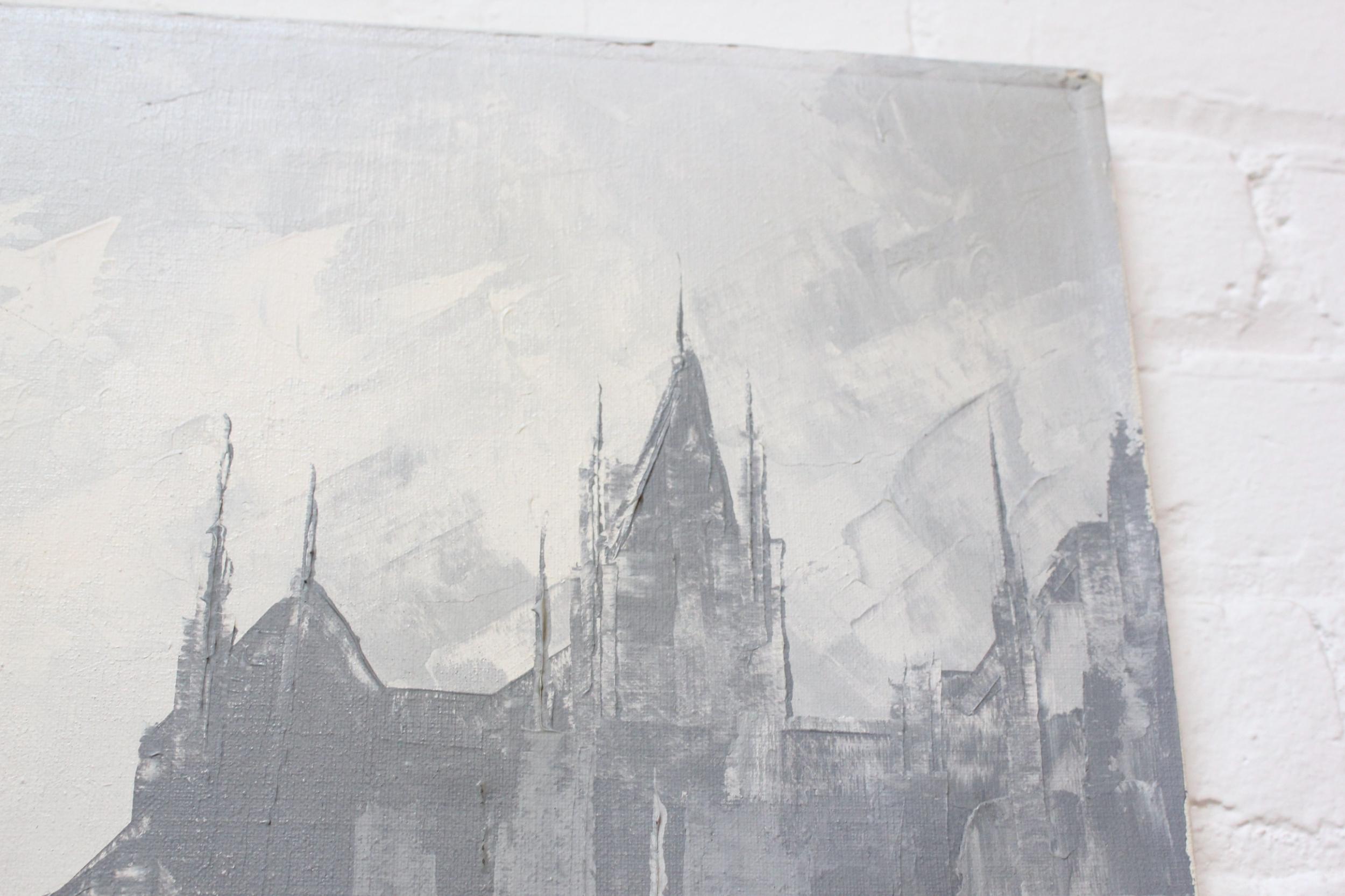 Huile sur toile expressionniste abstraite grise ton sur ton - Paysage urbain de Louis M. Ponderoso en vente 3