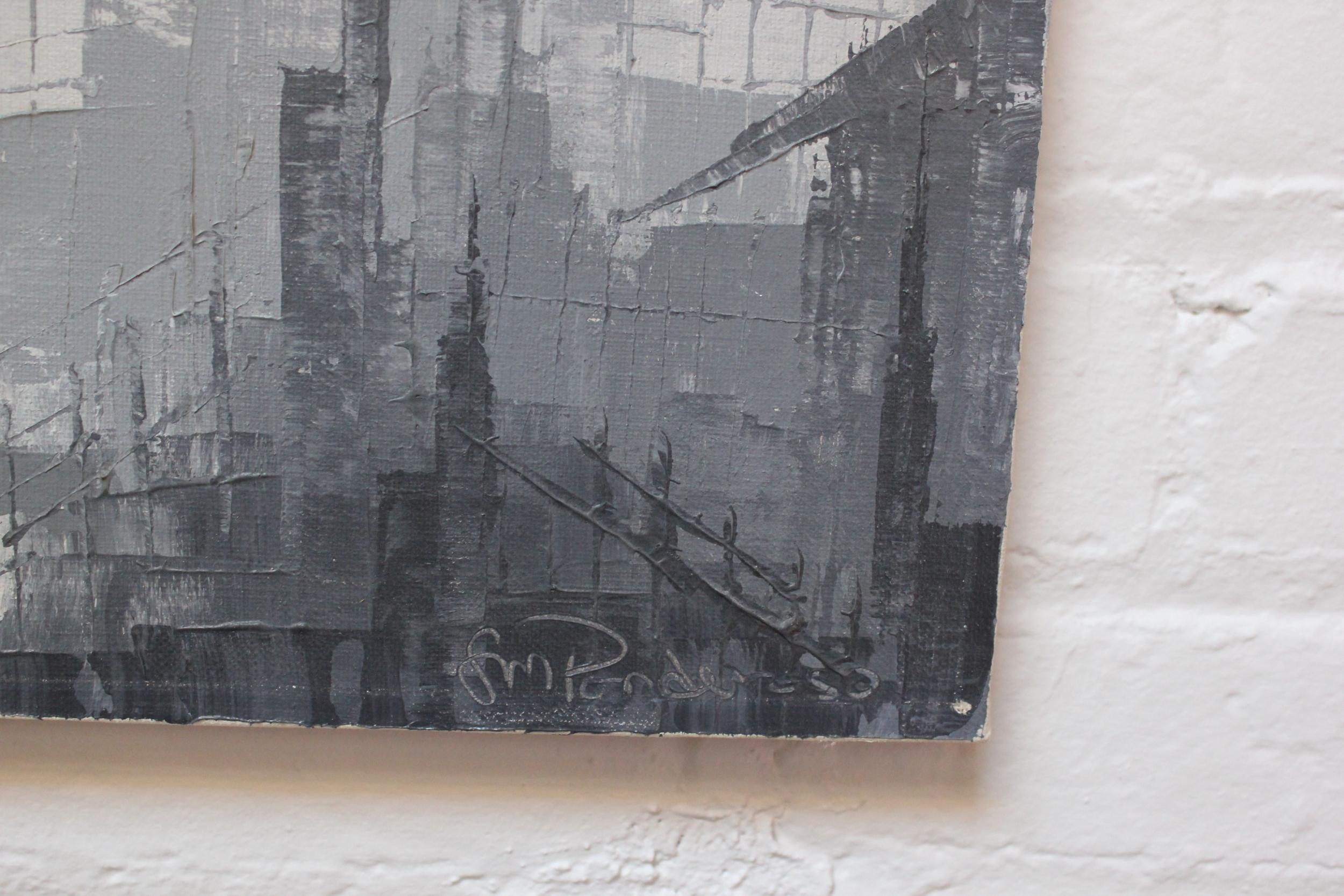 Huile sur toile expressionniste abstraite grise ton sur ton - Paysage urbain de Louis M. Ponderoso en vente 4