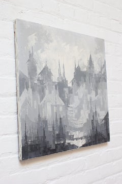 Gray Tonal Abstract Expressionist Oil on Canvas Cityscape by Louis M. Ponderoso
