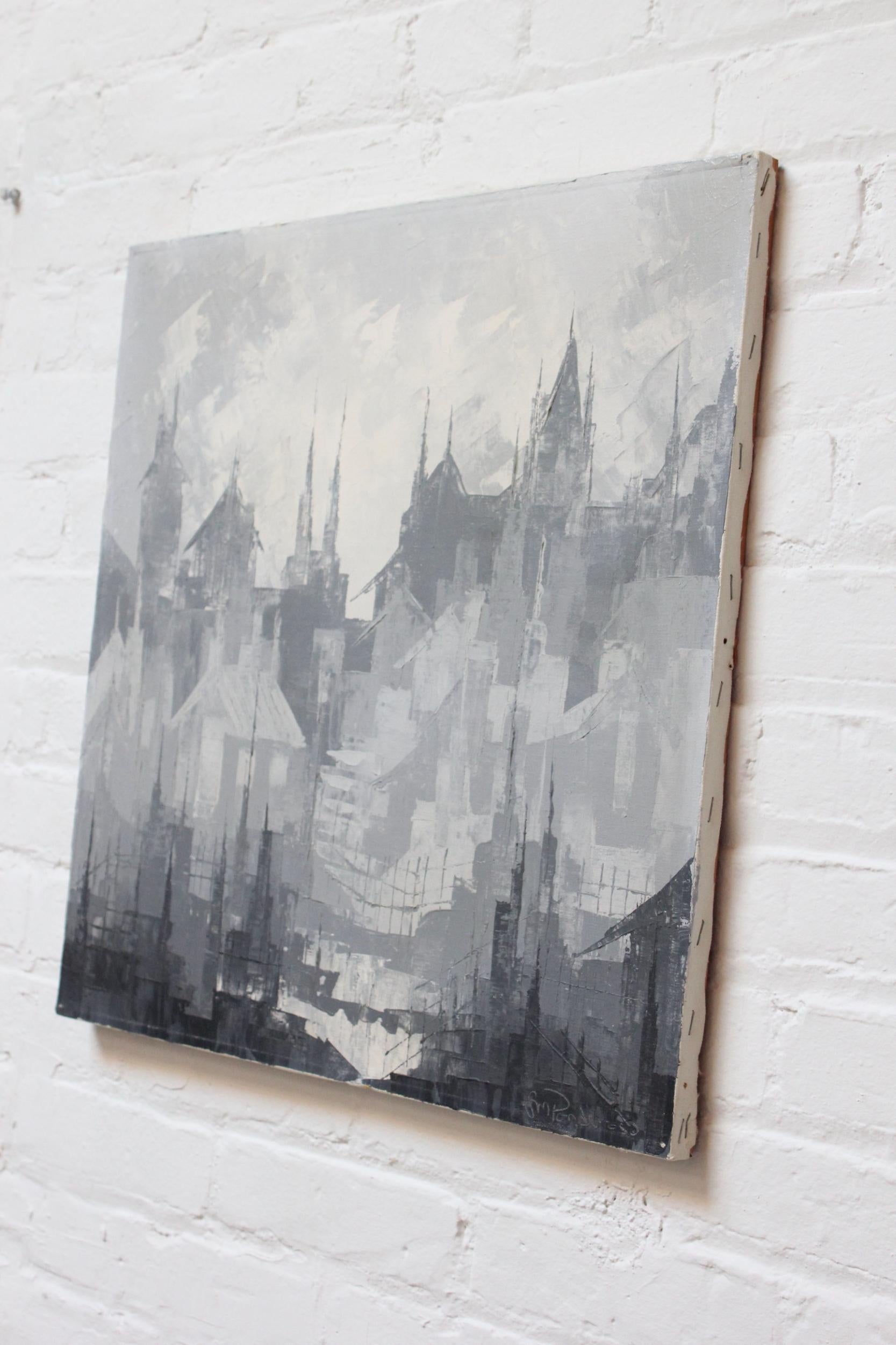 Mid-Century Modern Gray Tonal Abstract Expressionist Oil on Canvas Cityscape by Louis M. Ponderoso For Sale