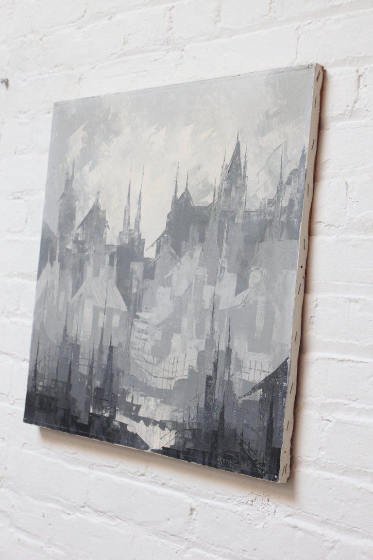 Gray Tonal Abstract Expressionist Oil on Canvas Cityscape by Louis M ...