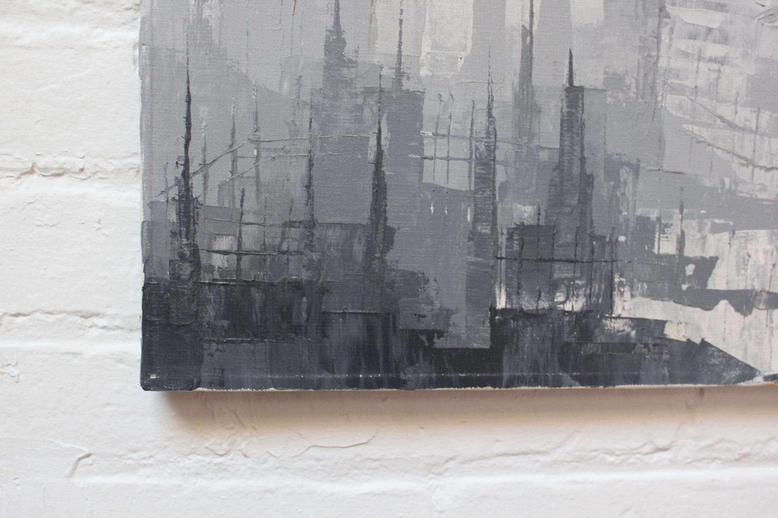 Huile sur toile expressionniste abstraite grise ton sur ton - Paysage urbain de Louis M. Ponderoso Bon état - En vente à Brooklyn, NY
