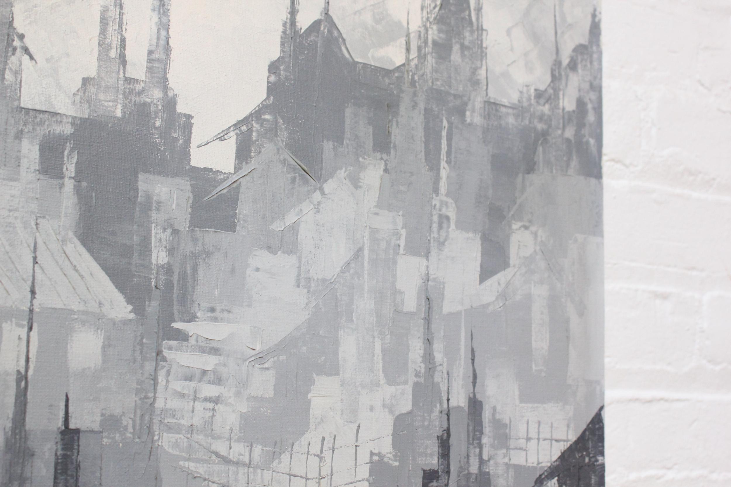Milieu du XXe siècle Huile sur toile expressionniste abstraite grise ton sur ton - Paysage urbain de Louis M. Ponderoso en vente