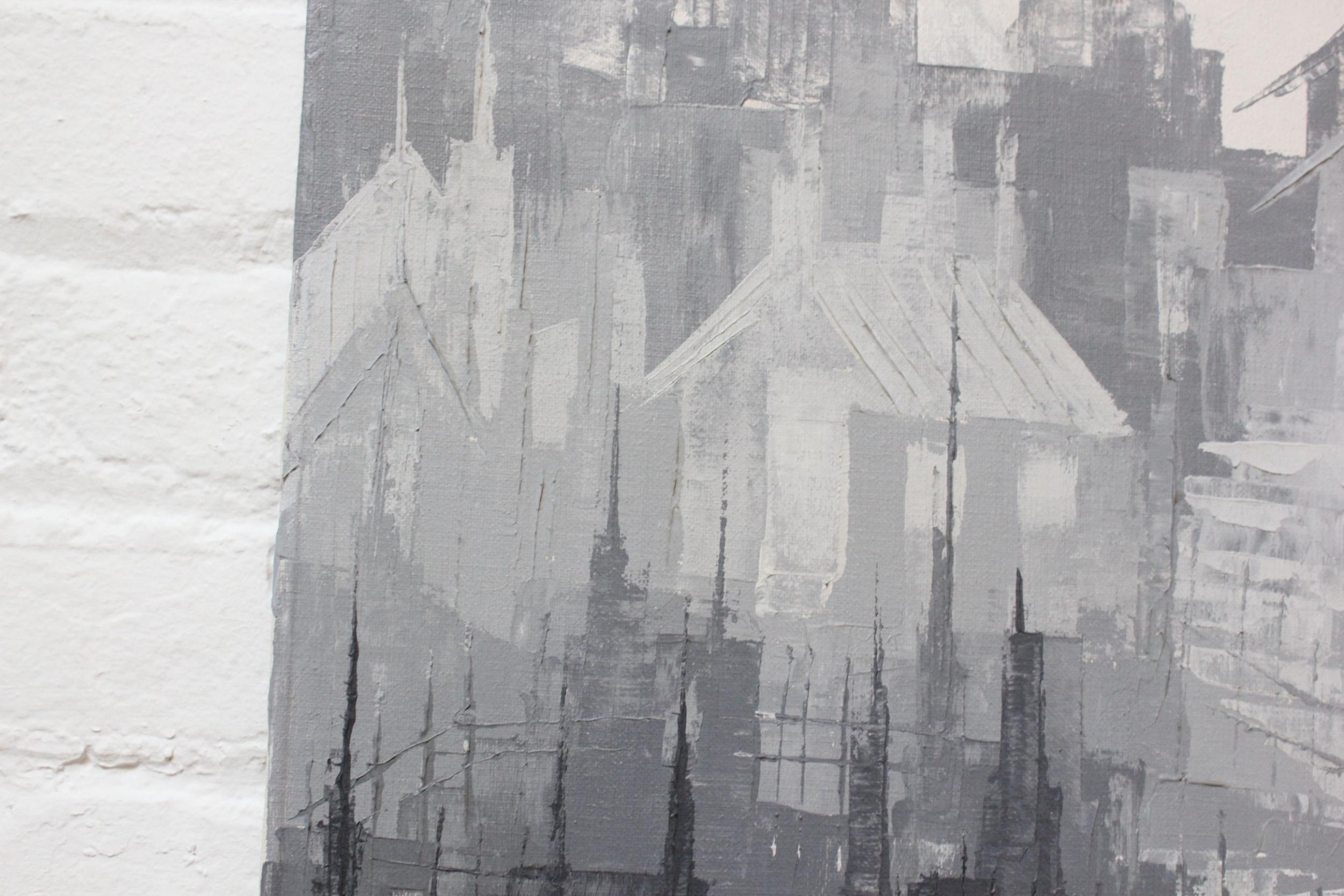 Peinture Huile sur toile expressionniste abstraite grise ton sur ton - Paysage urbain de Louis M. Ponderoso en vente