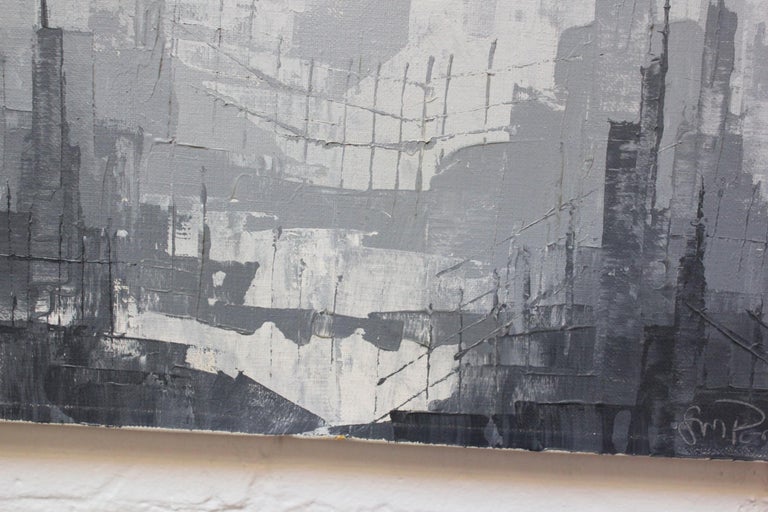 Gray Tonal Abstract Expressionist Oil on Canvas Cityscape by Louis M ...