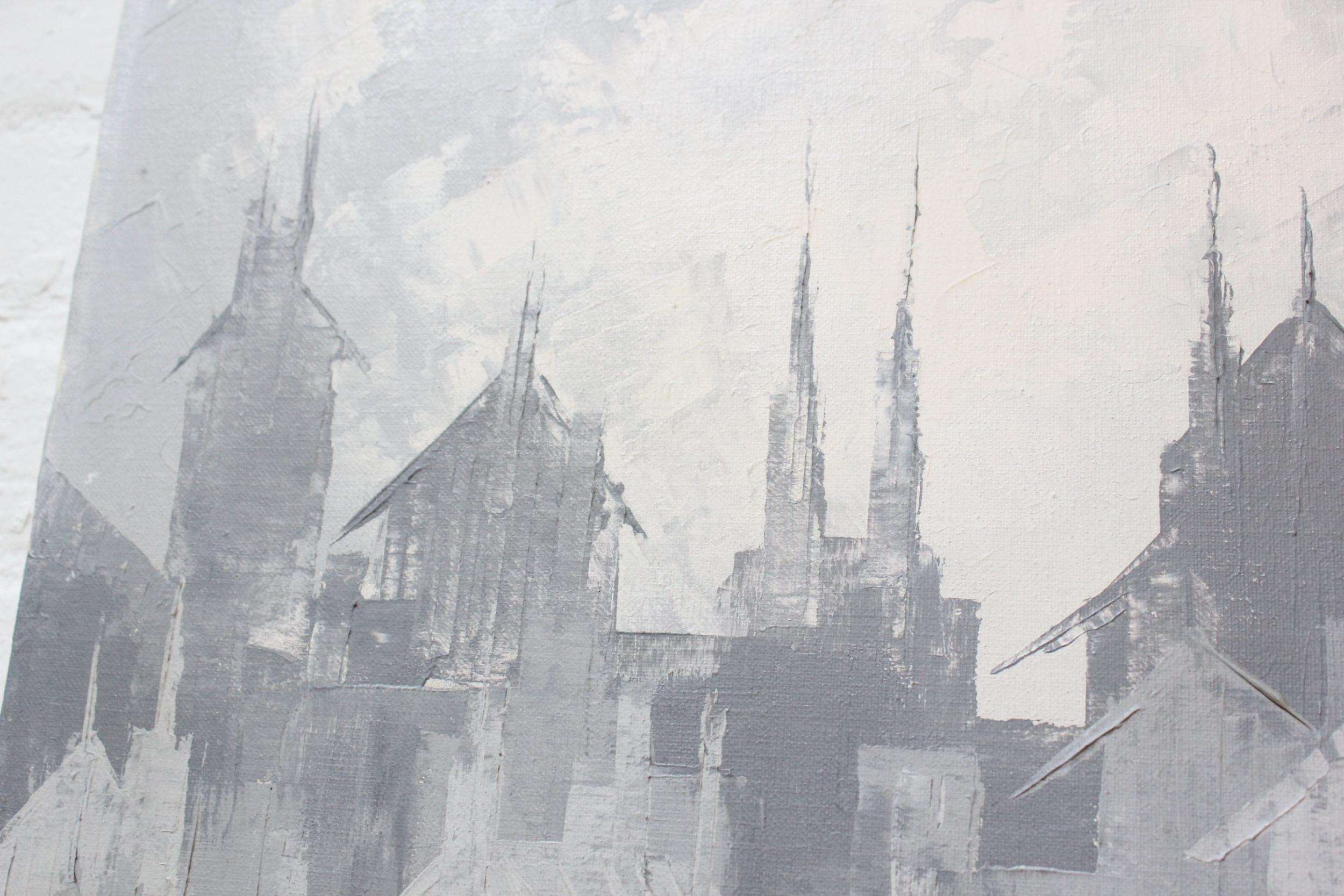 Graues abstraktes expressionistisches Gemälde, Öl auf Leinwand, Stadtlandschaft von Louis M. Ponderoso im Angebot 2