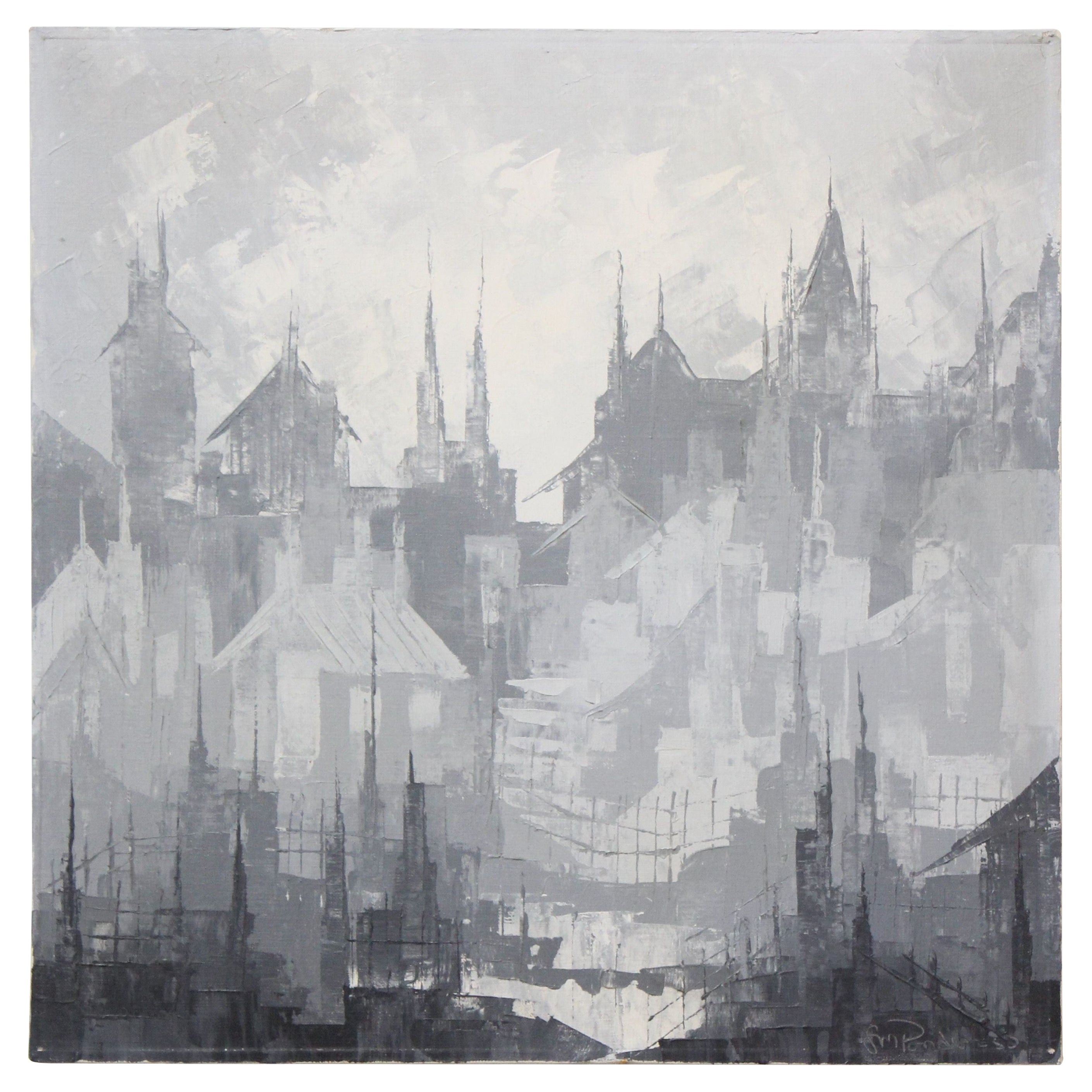 Graues abstraktes expressionistisches Gemälde, Öl auf Leinwand, Stadtlandschaft von Louis M. Ponderoso im Angebot