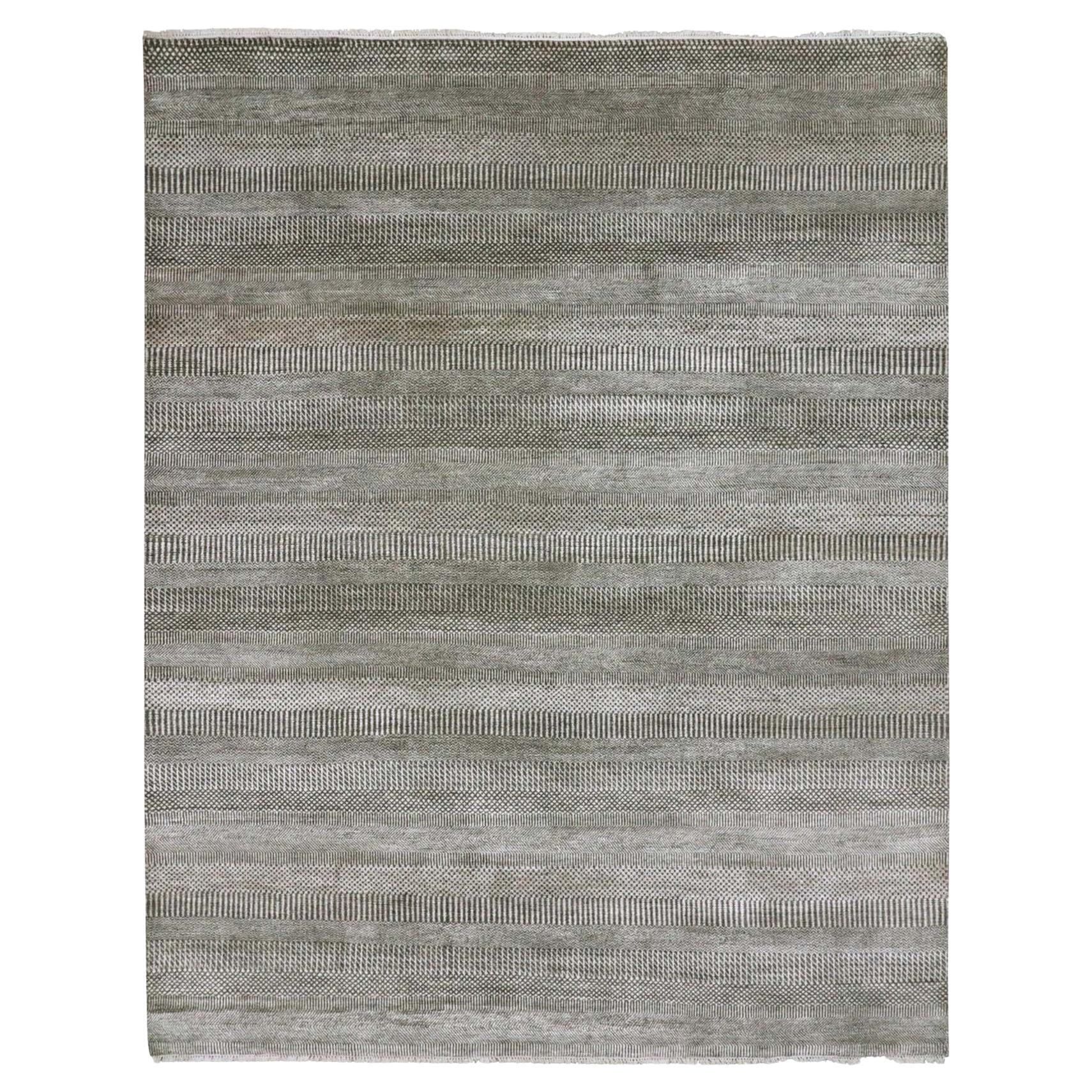Alfombra Oriental Gris Tono sobre Tono Lana y Seda Anudada a Mano Diseño Moderno Hierba