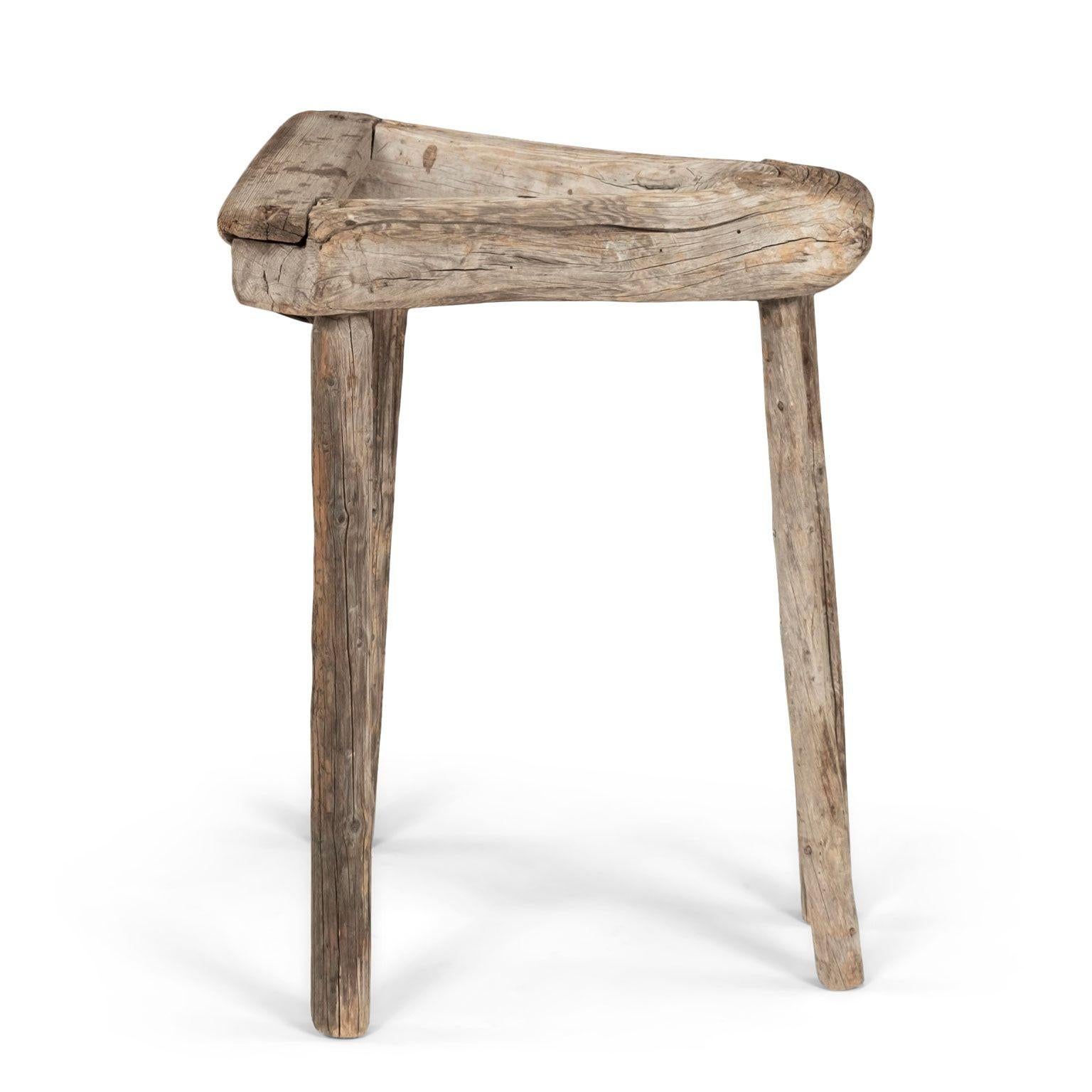Hand-Carved Gray-Toned Swedish Vernacular Stool For Sale