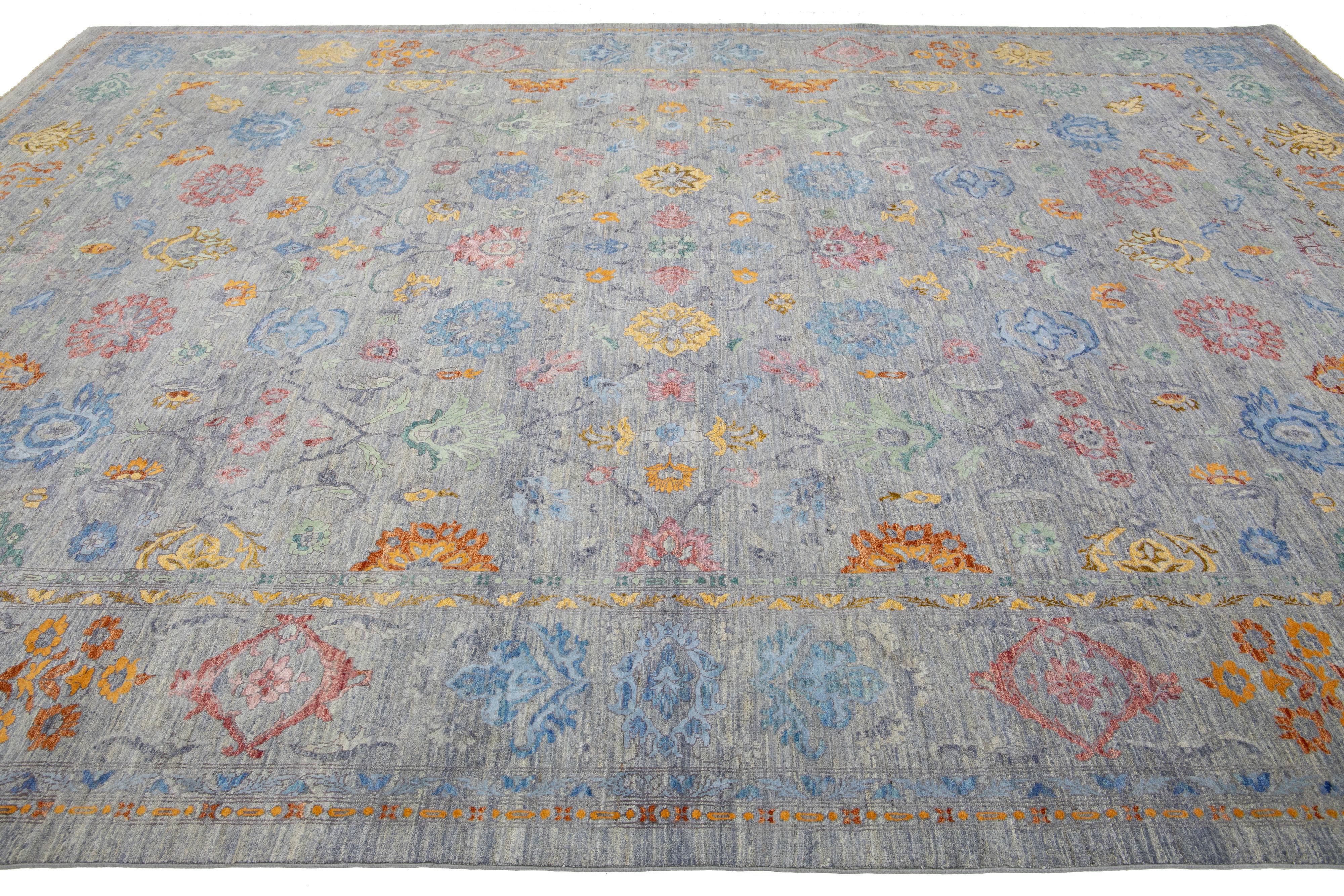 Hand-Knotted Gray Transitional Handmade Wool & Silk Rug With Allover Multicolor Pattern For Sale