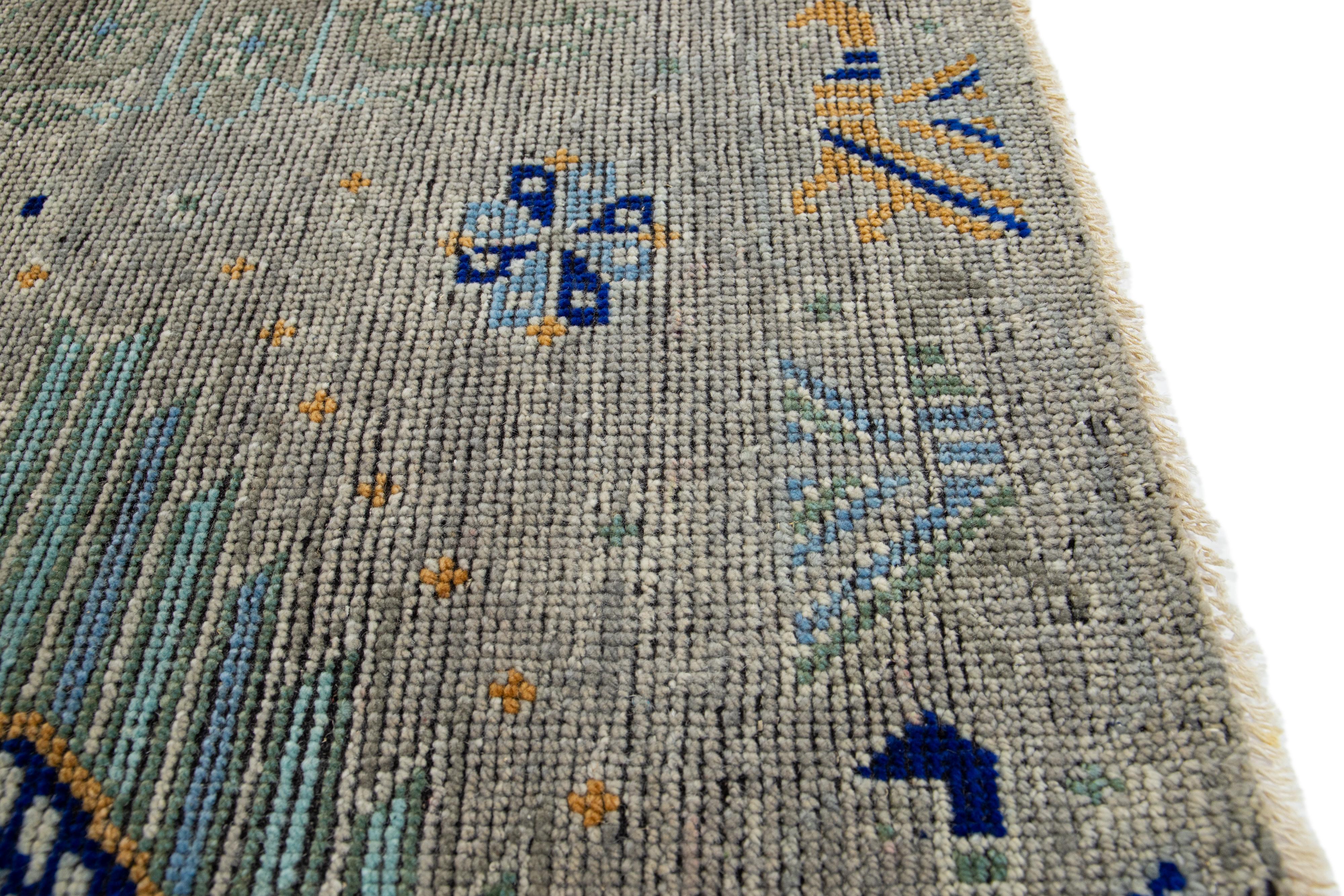 Modern Gray Transitional Khotan Style Handmade Custom Wool Rug For Sale