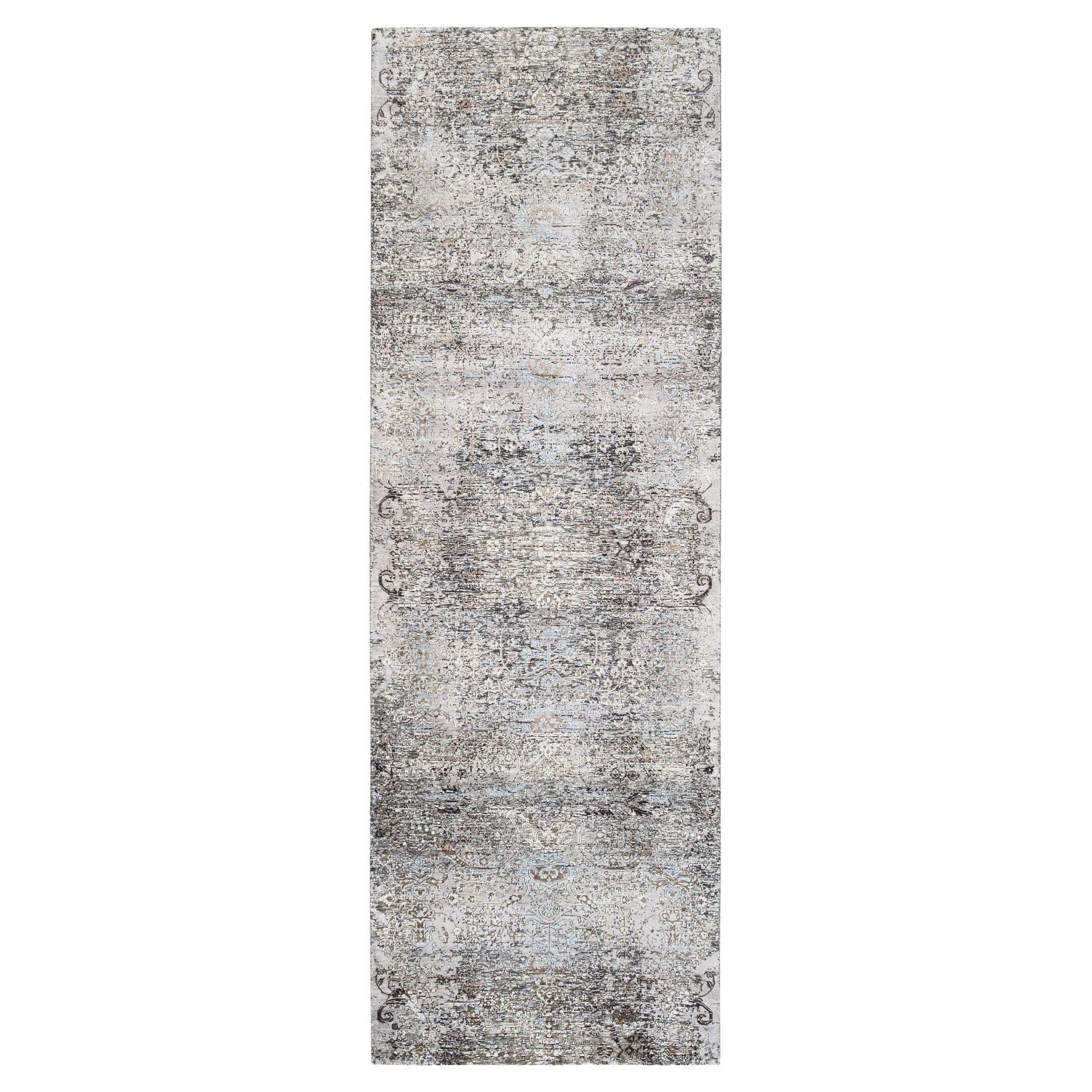 Gray Transitional Silk with Textured Wool Hand Knotted Wide Runner Rug 4' x 12'