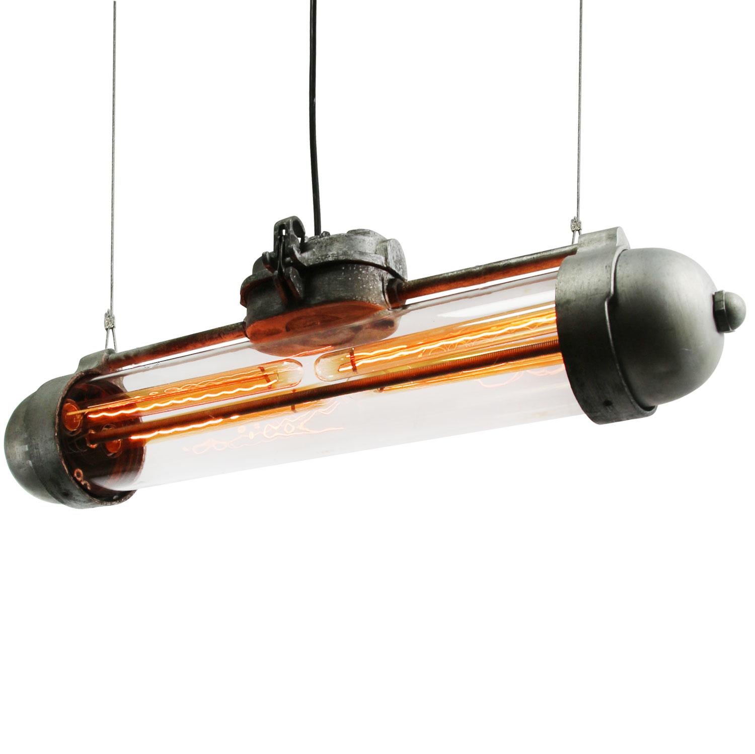 20th Century Gray Tube Vintage Industrial Cast Aluminum Clear Glass Pendant Lights For Sale