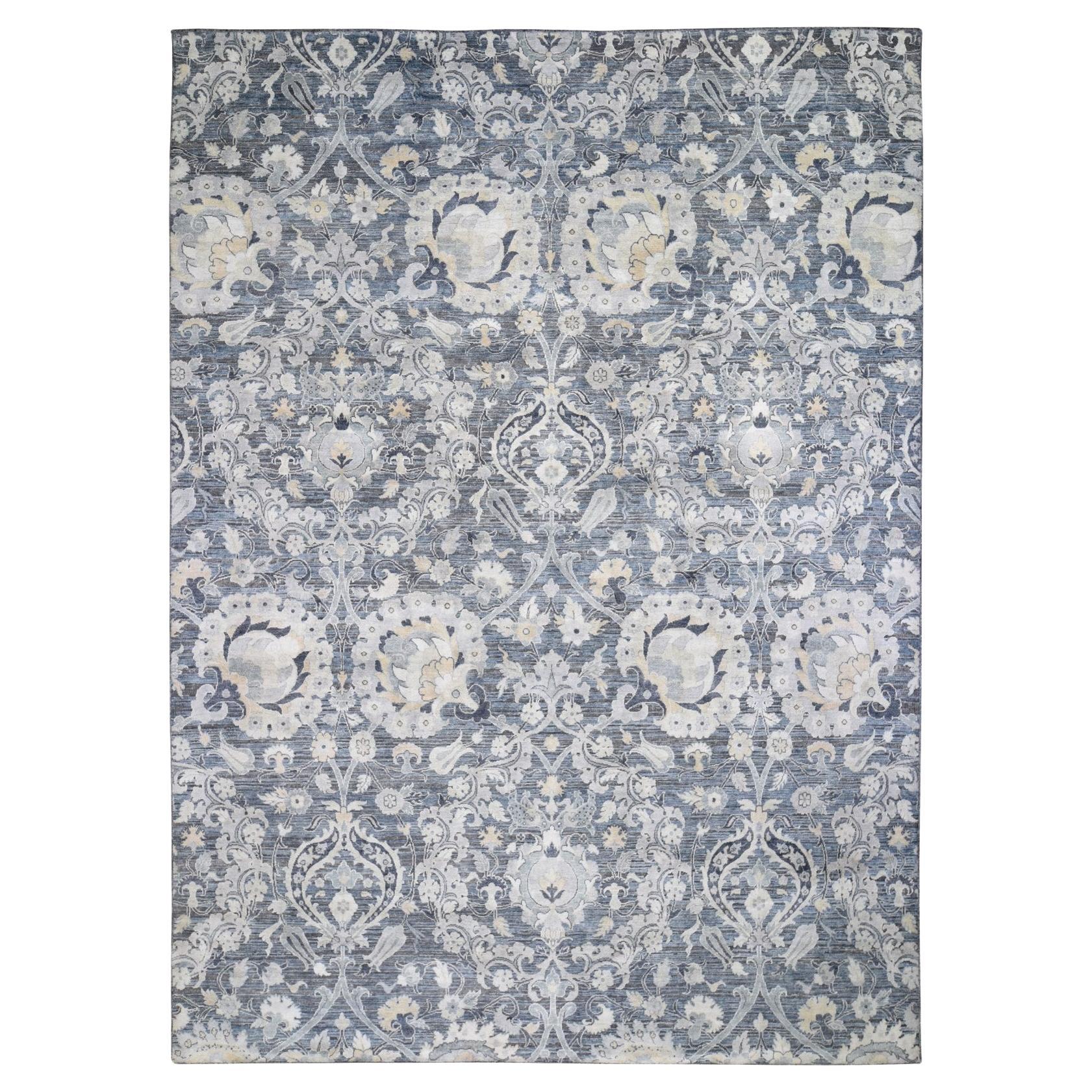 Tappeto grigio Tulipano e grandi fiori in pura seta con lana testurizzata 8'10 "x12'2"