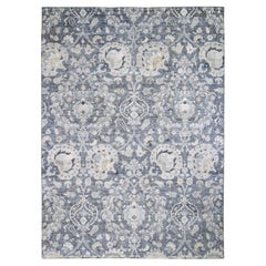 Gray Tulip and Large Blossom Design Pure Silk with Textured Wool Rug 8'10"x12'2"