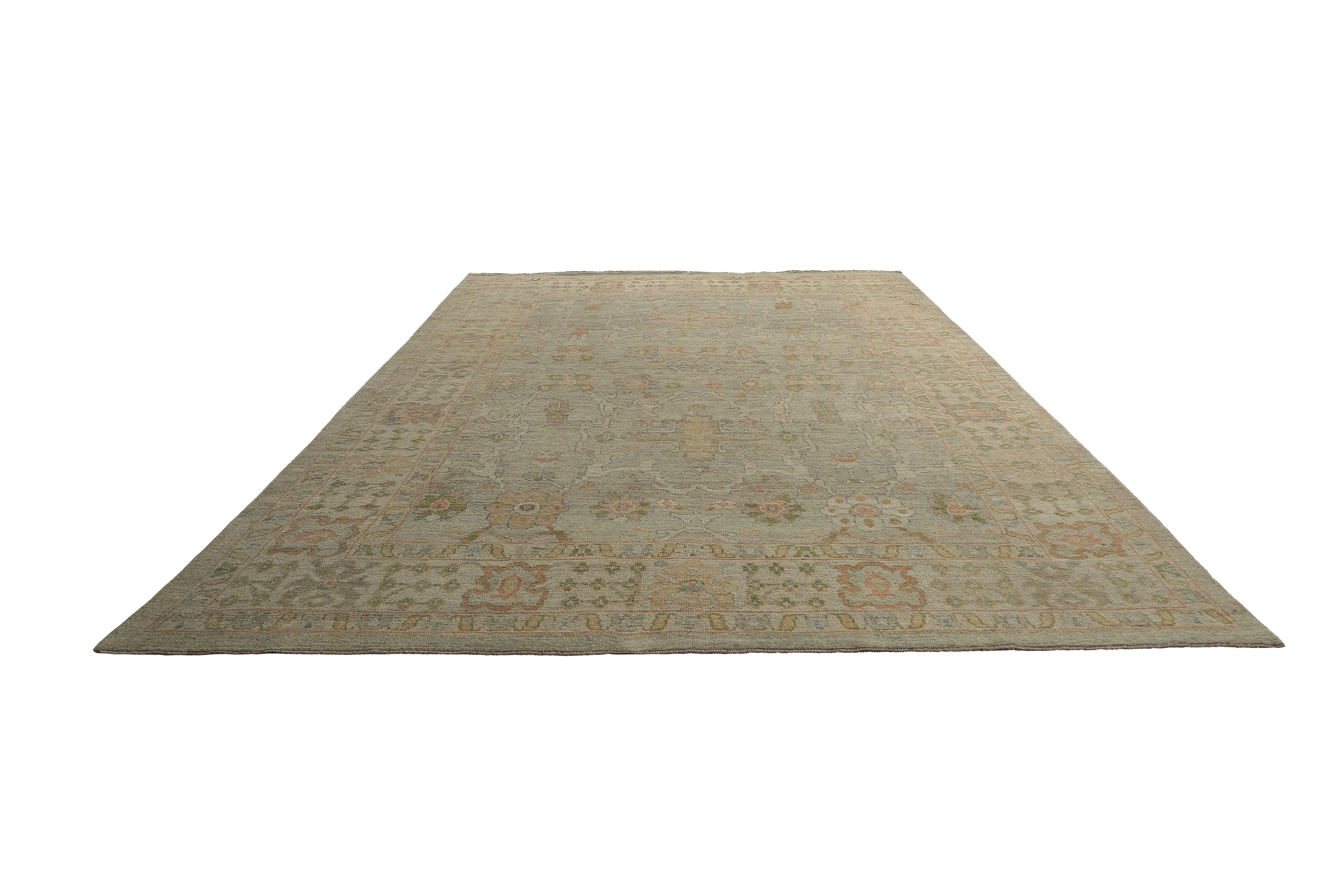 Gray Turkish Oushak with Muted Pastels For Sale 1