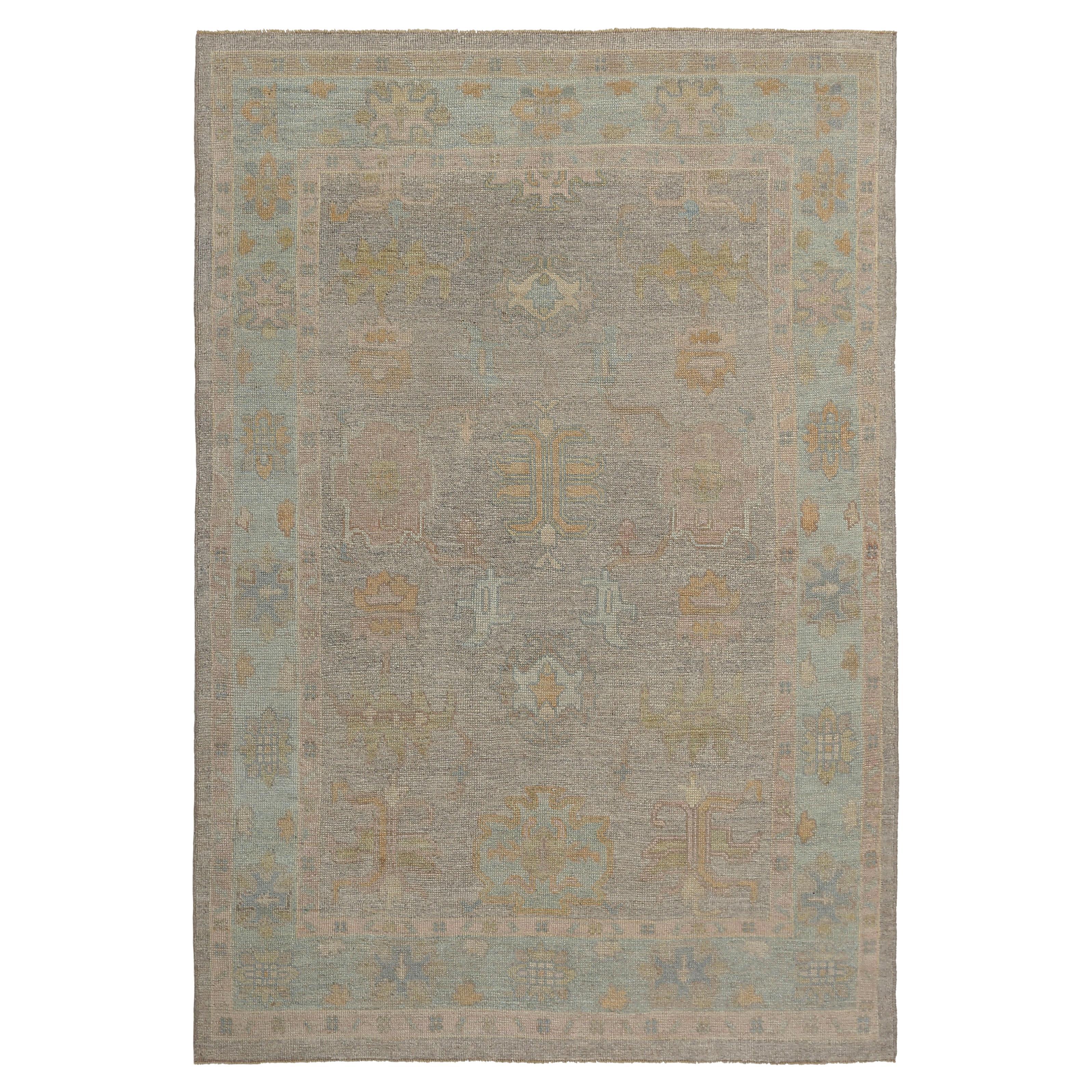 Gray Turkish Oushak with Muted Pastels For Sale