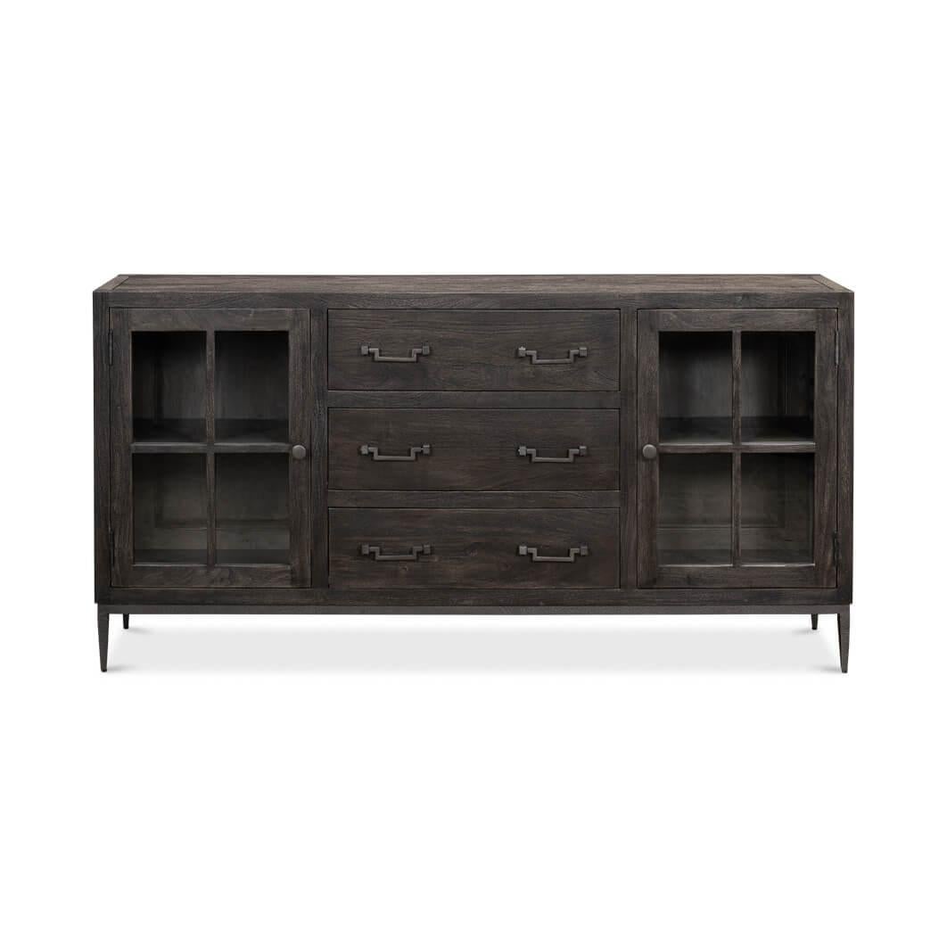 A piece that marries industrial edge with refined simplicity. The deep, charcoal gray moleskin wood grain finish provides a rich backdrop for the distinctive, brushed metal hardware, reminiscent of vintage filing cabinets.

This sideboard offers a