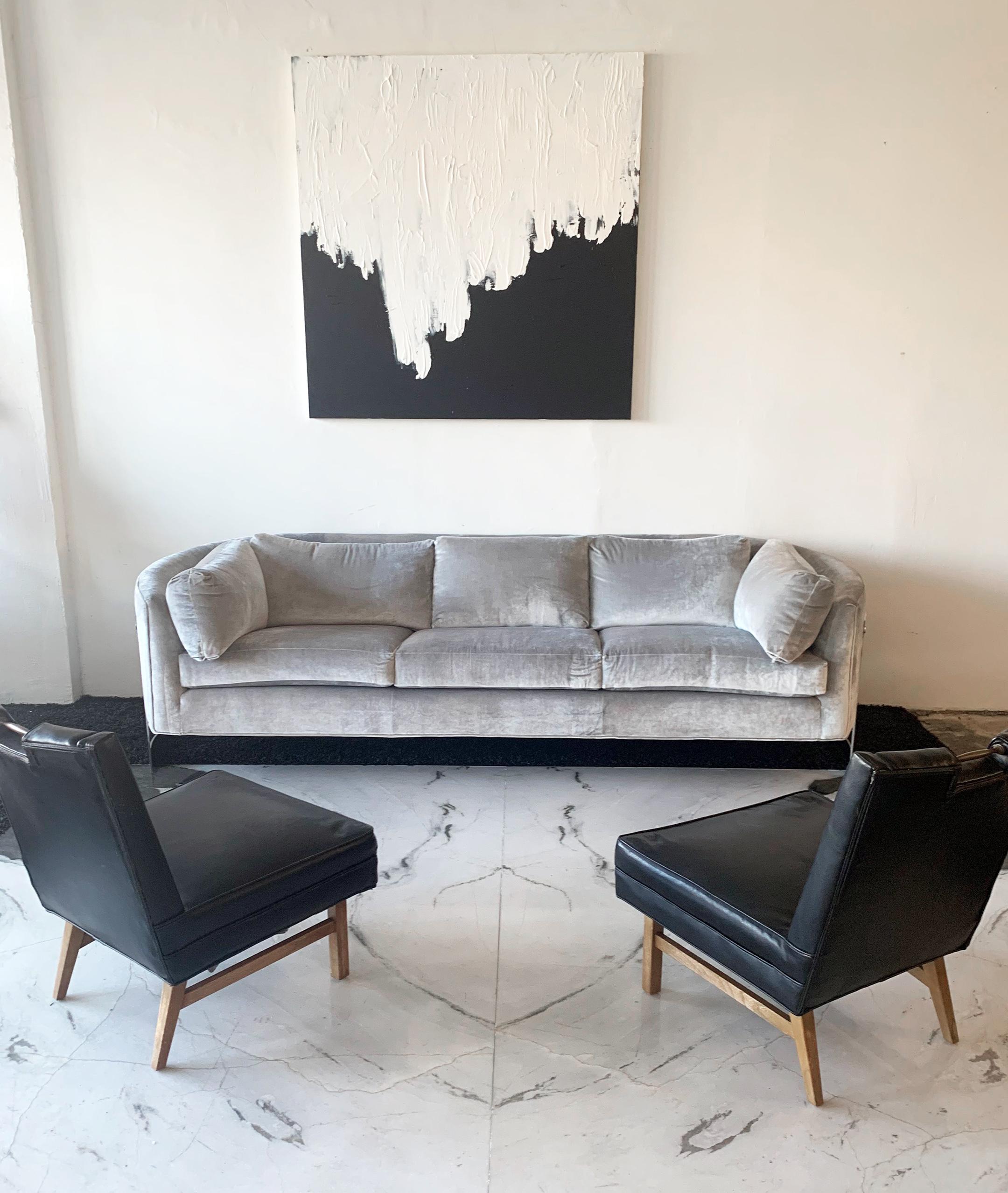Mid-Century Modern Gray Velvet Milo Baughman Style Rounded Back Floating Chrome Sofa