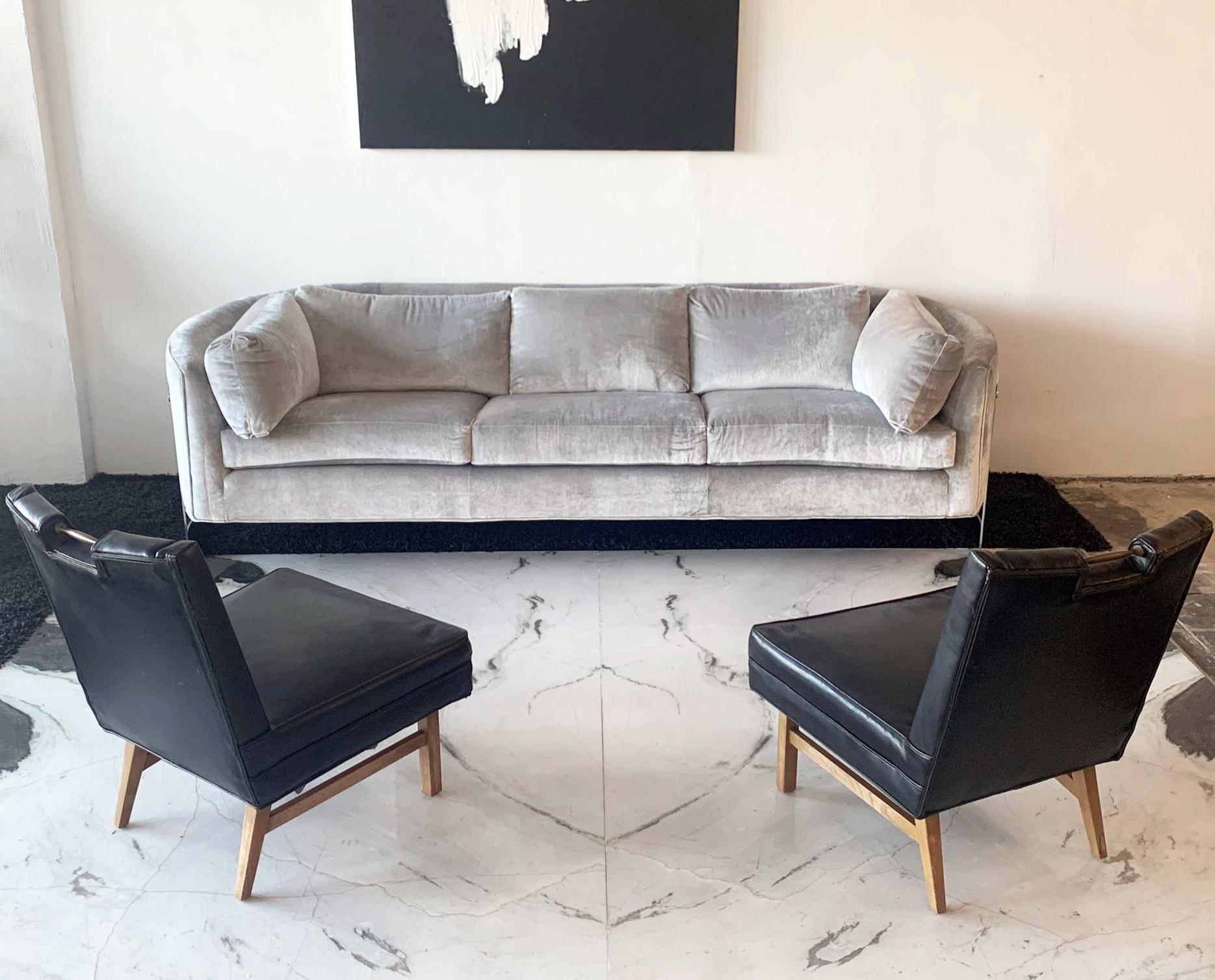 Polished Gray Velvet Milo Baughman Style Rounded Back Floating Chrome Sofa