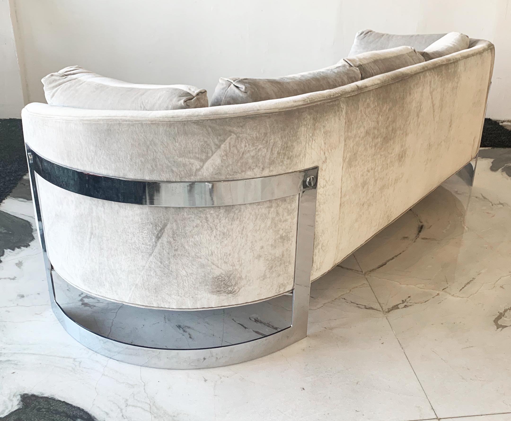 Mid-20th Century Gray Velvet Milo Baughman Style Rounded Back Floating Chrome Sofa