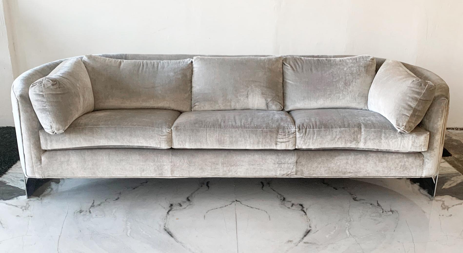 Gray Velvet Milo Baughman Style Rounded Back Floating Chrome Sofa 1