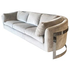Gray Velvet Milo Baughman Style Rounded Back Floating Chrome Sofa