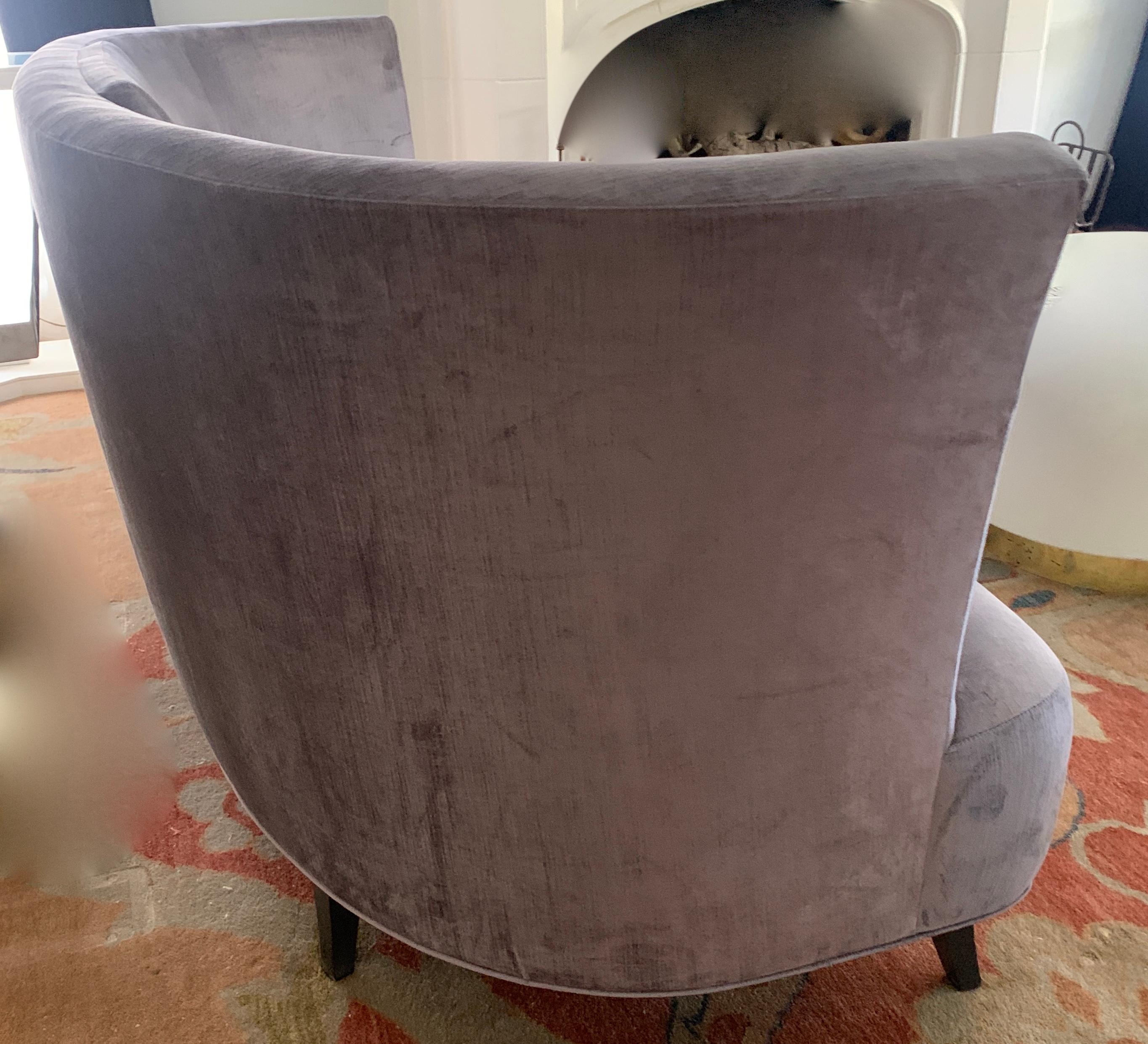 Custom designed sofa by Darren Ransdell Design, grey velvet with curved high back and wonderful back cushion details, see images. Also available as a pair.